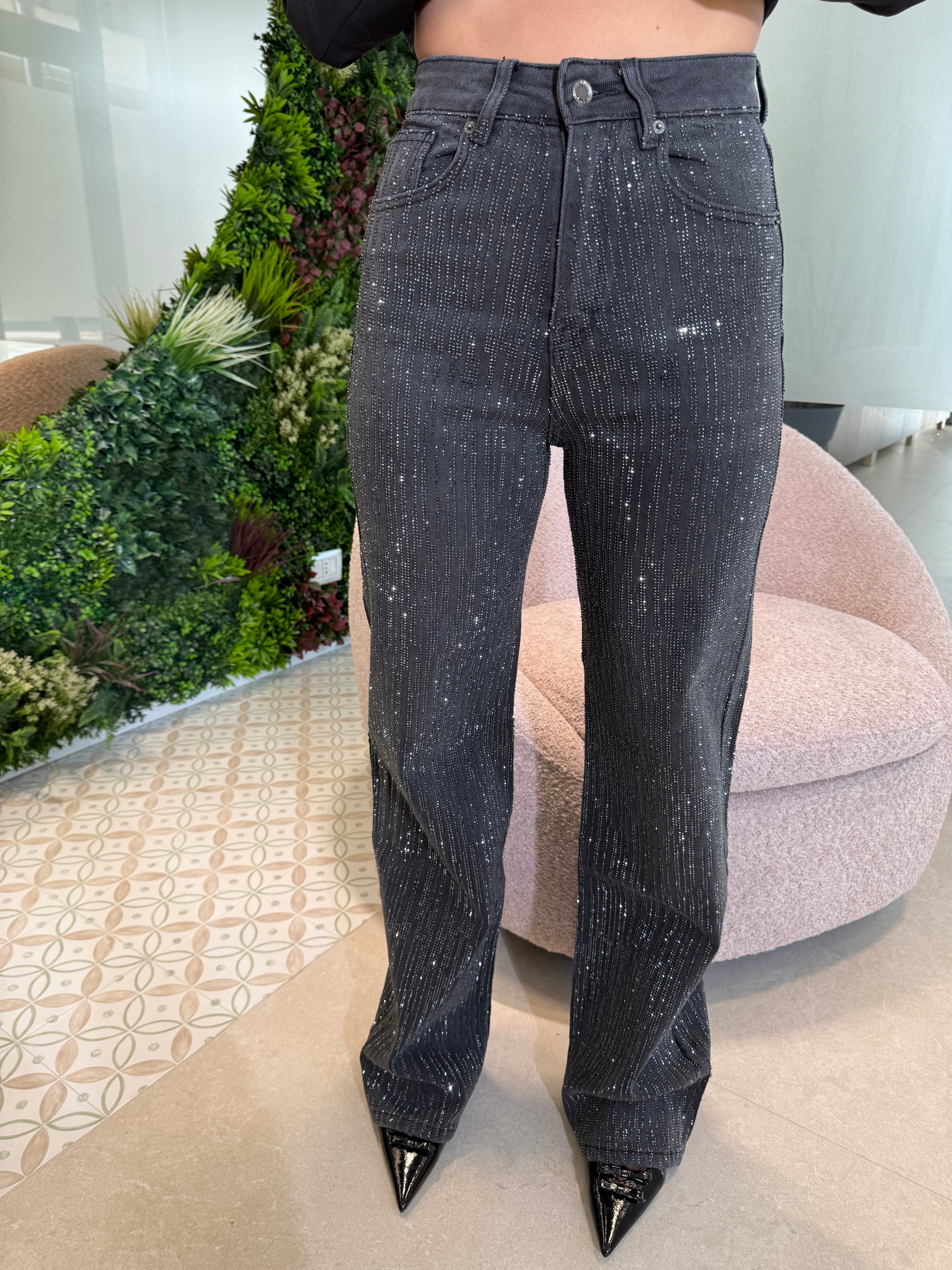 Jeans full strass a palazzo black