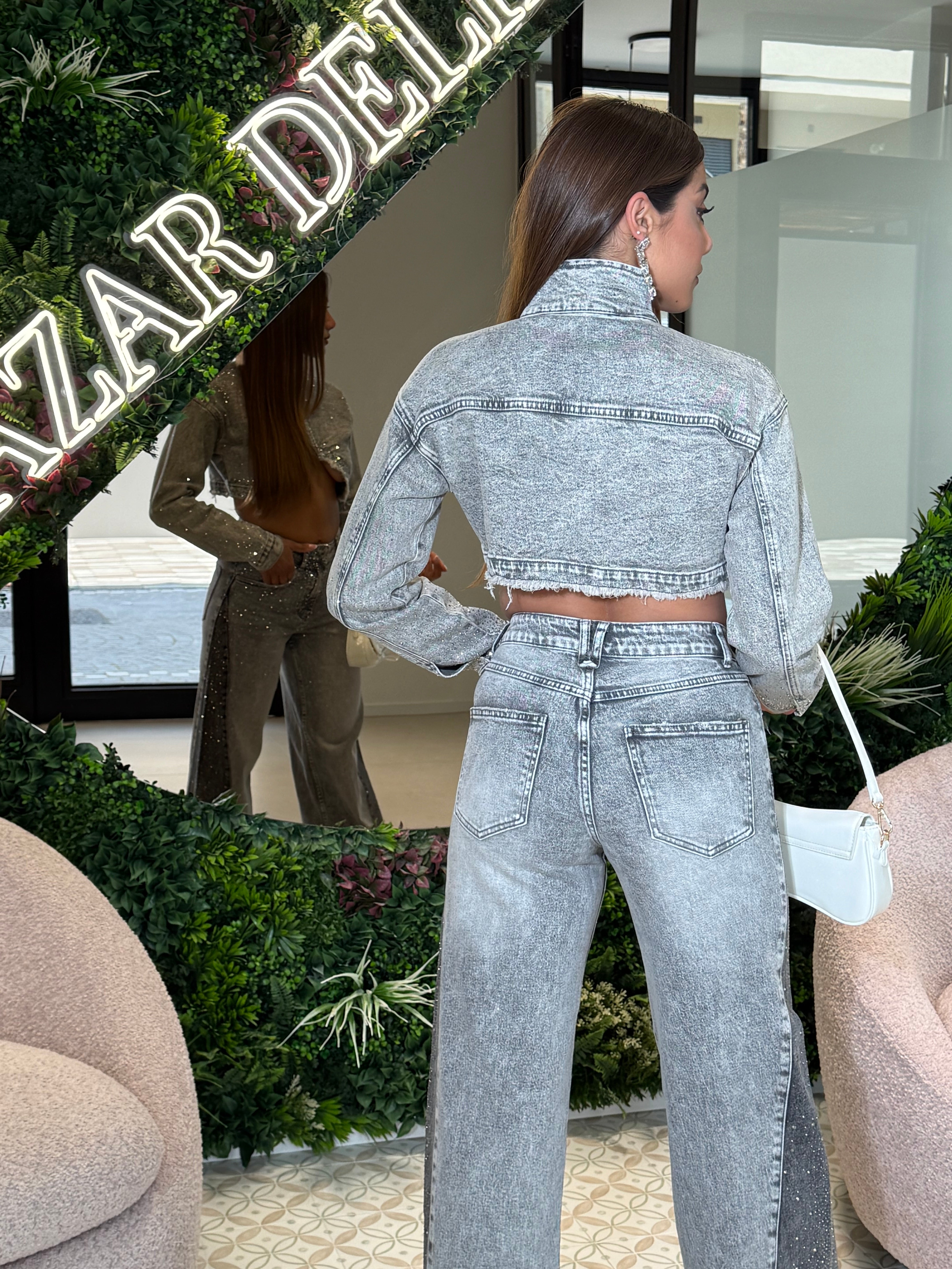 Giubbino crop con strass grey