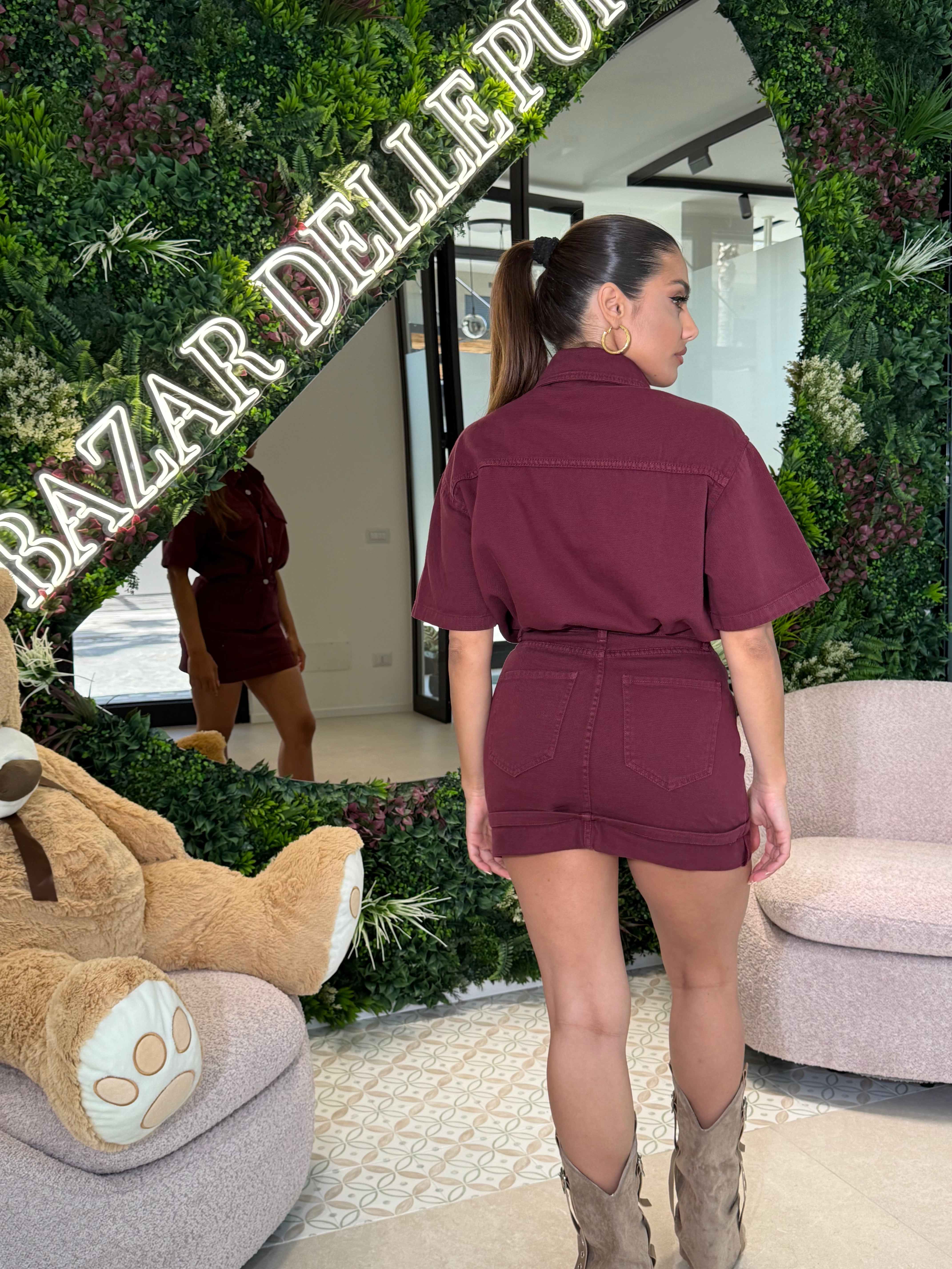 Camicia denim mezza manica bordeaux