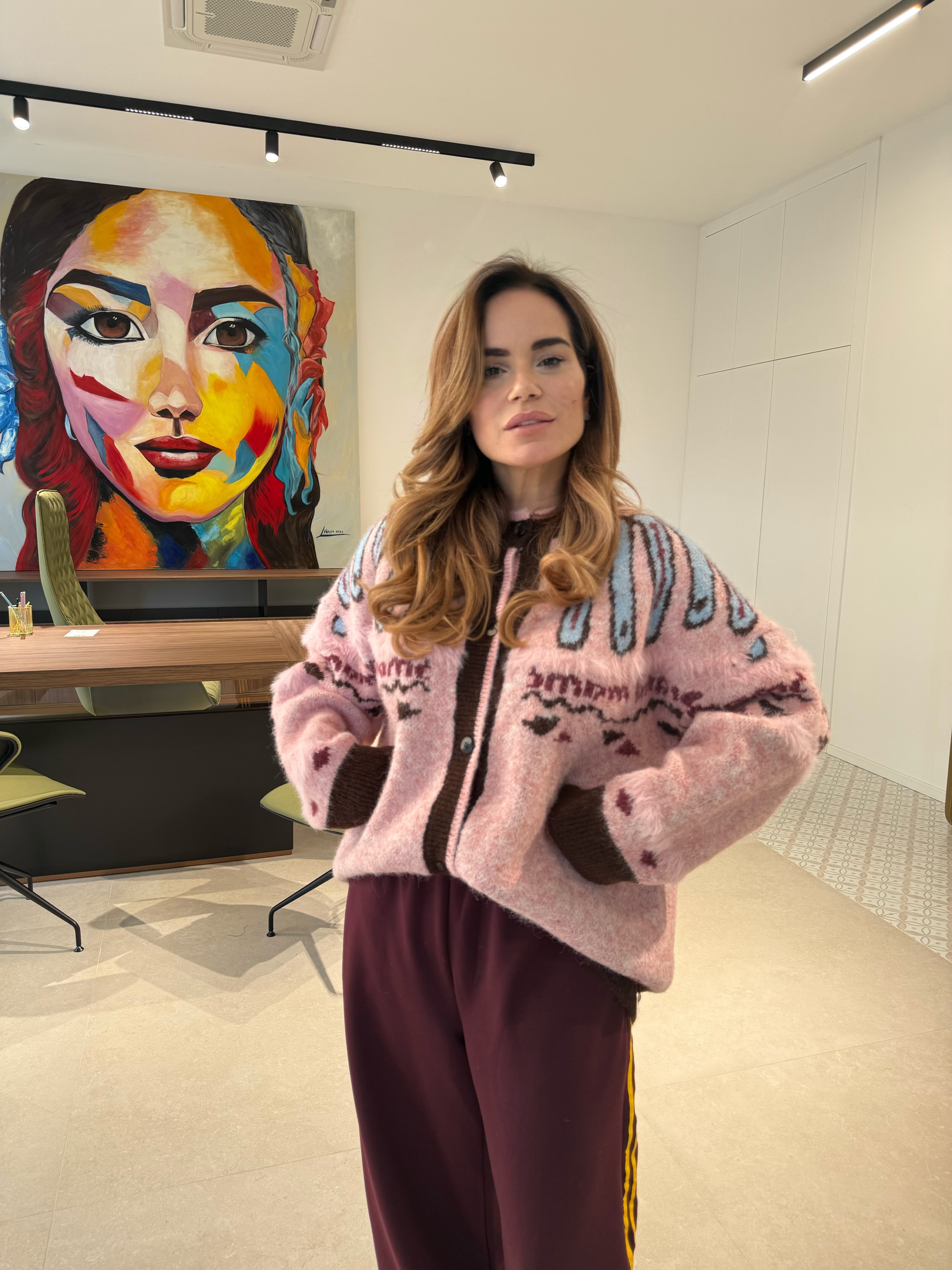 Cardigan maxi brown&pink