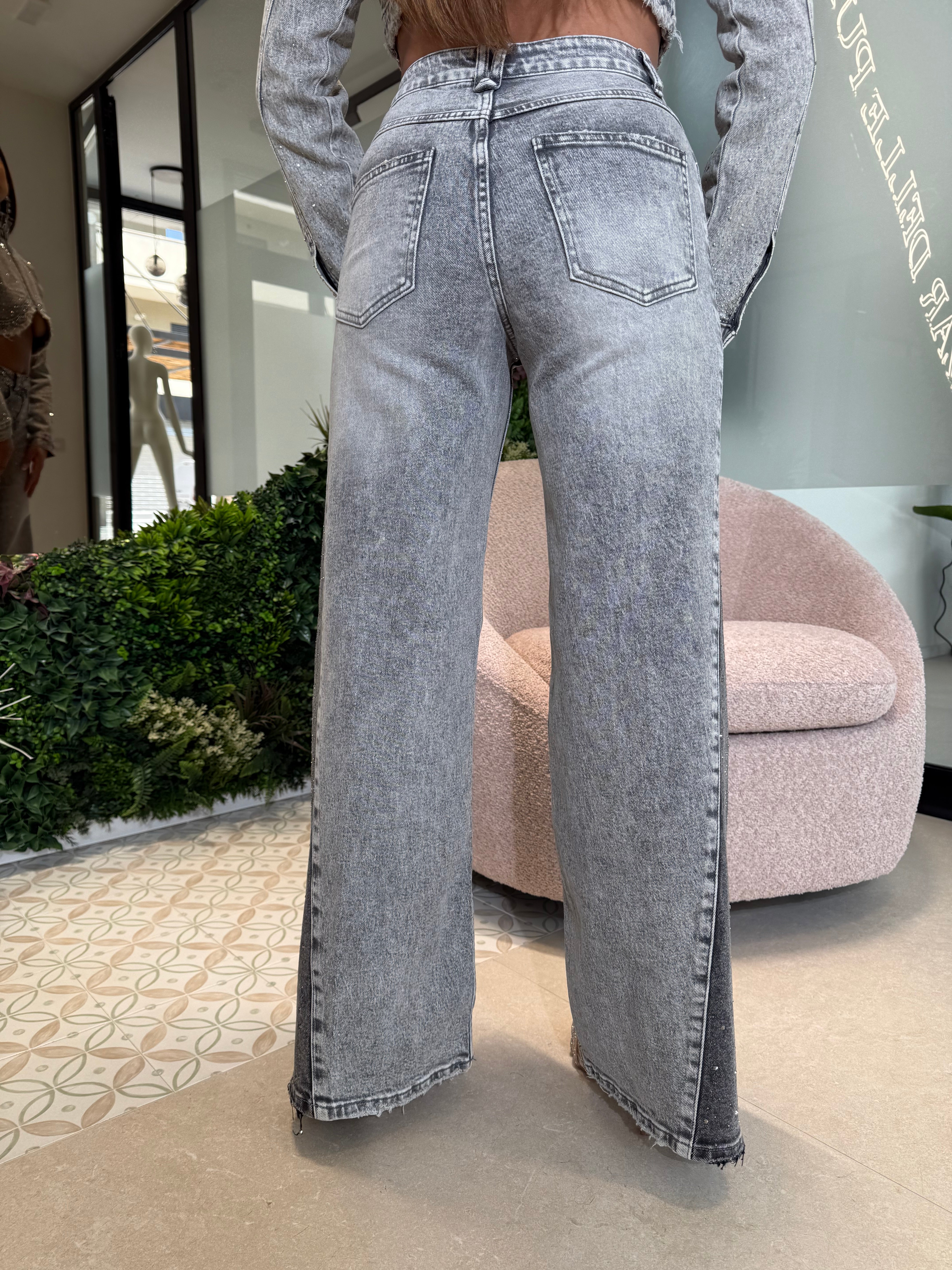 Jeans a palazzo grey con strass