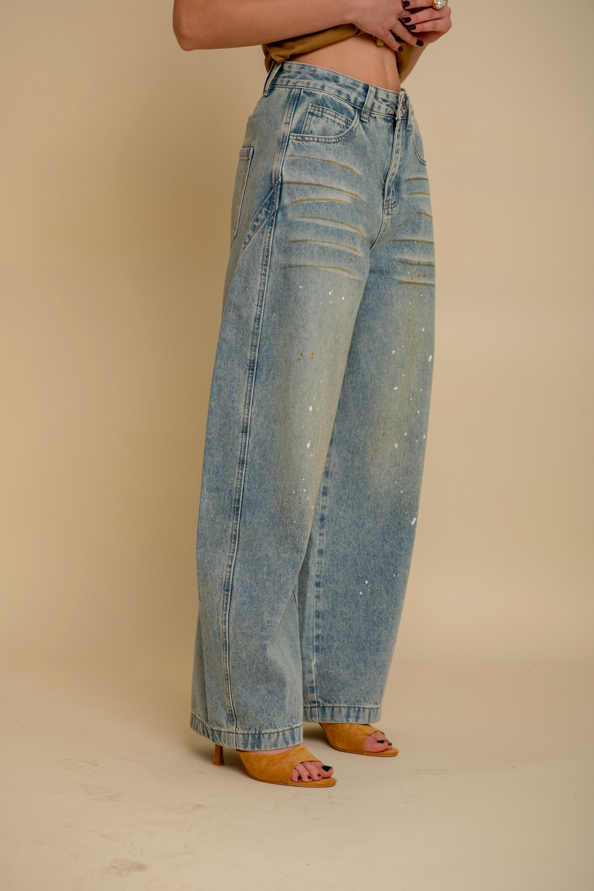 Jeans ballon sabbiato con schizzi white