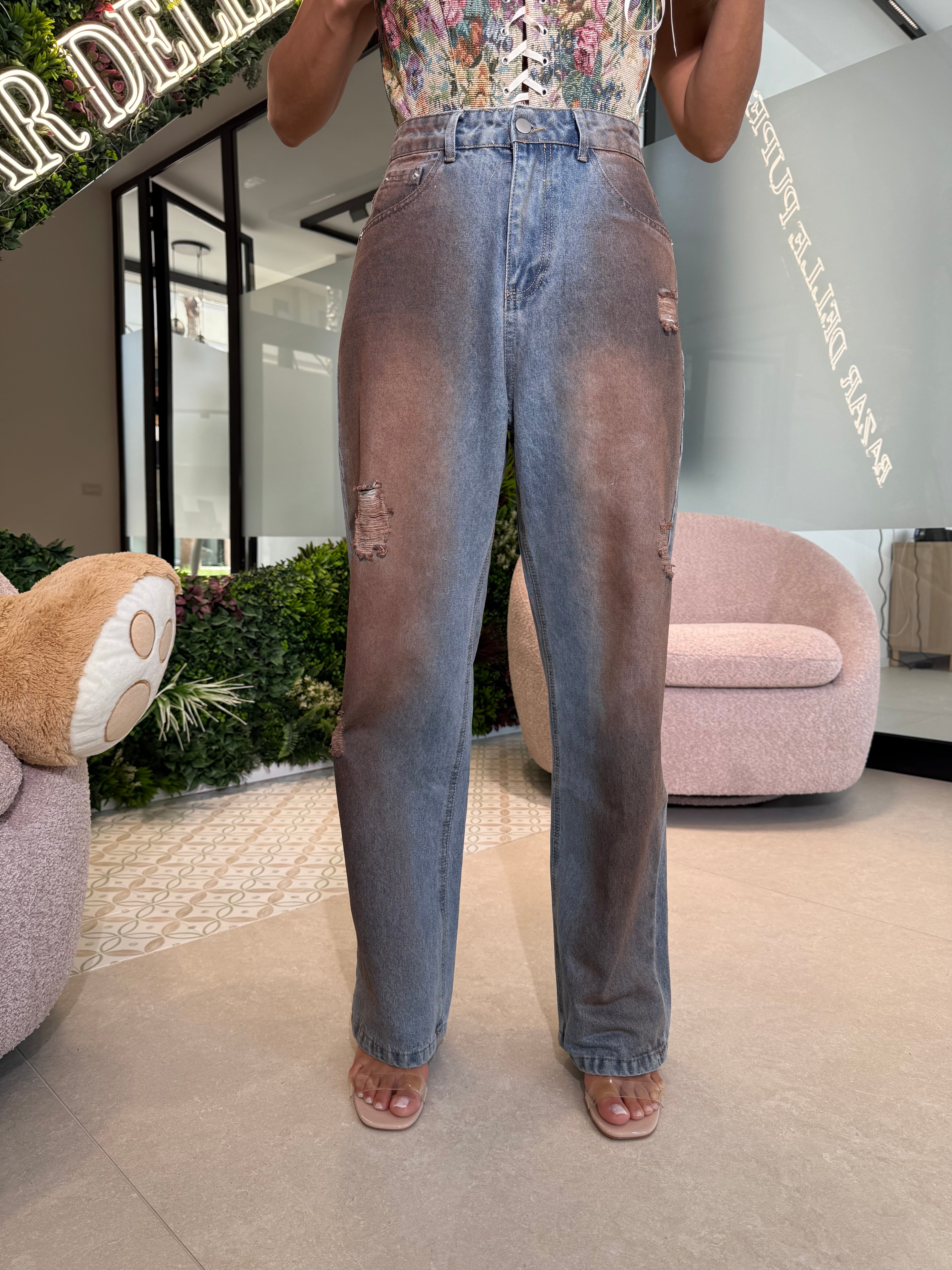 Jeans sfumato tasche in pelle