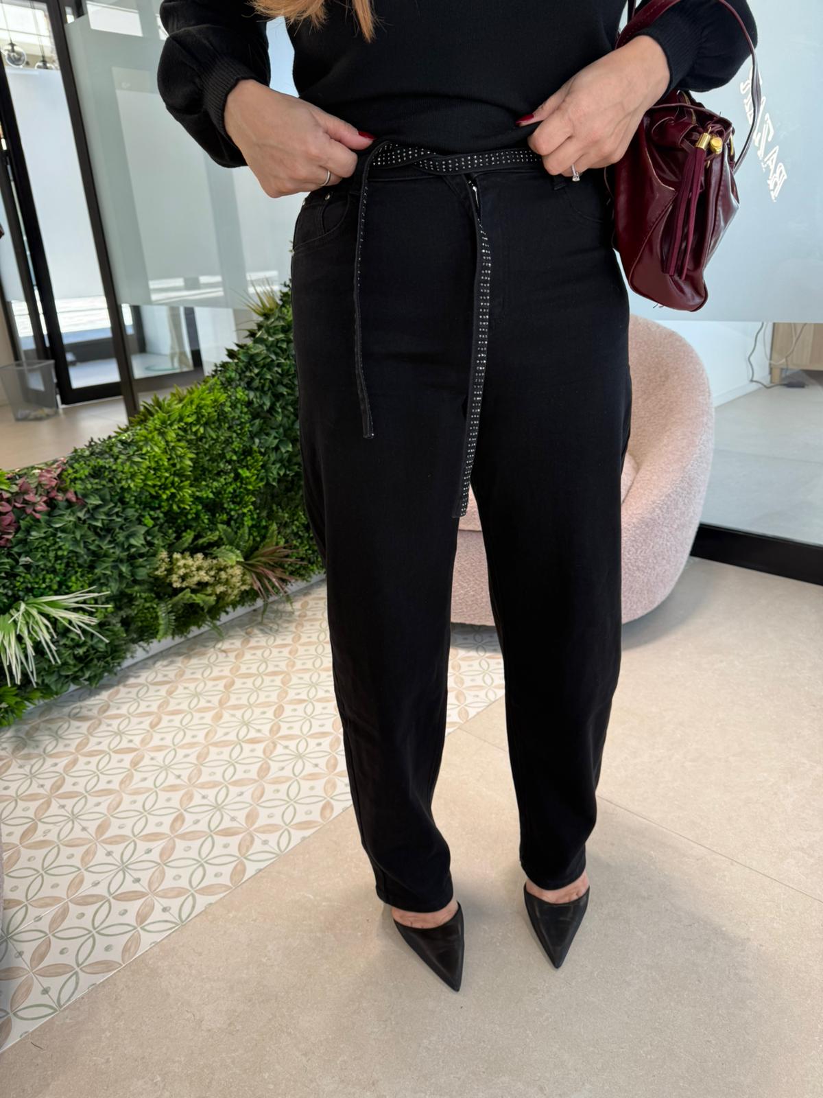 Jeans ballon con laccio strass