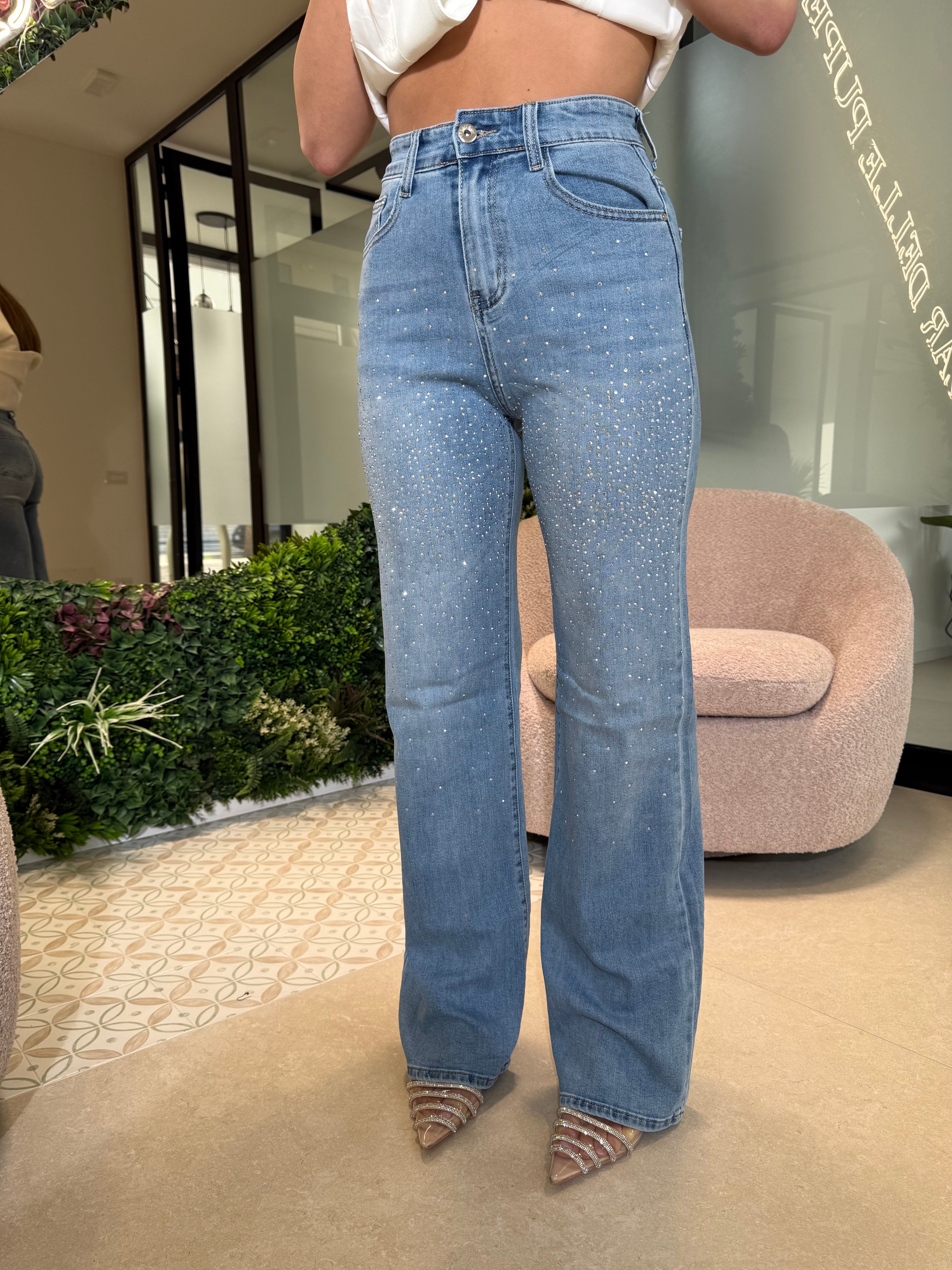 Jeans gamba dritta strass