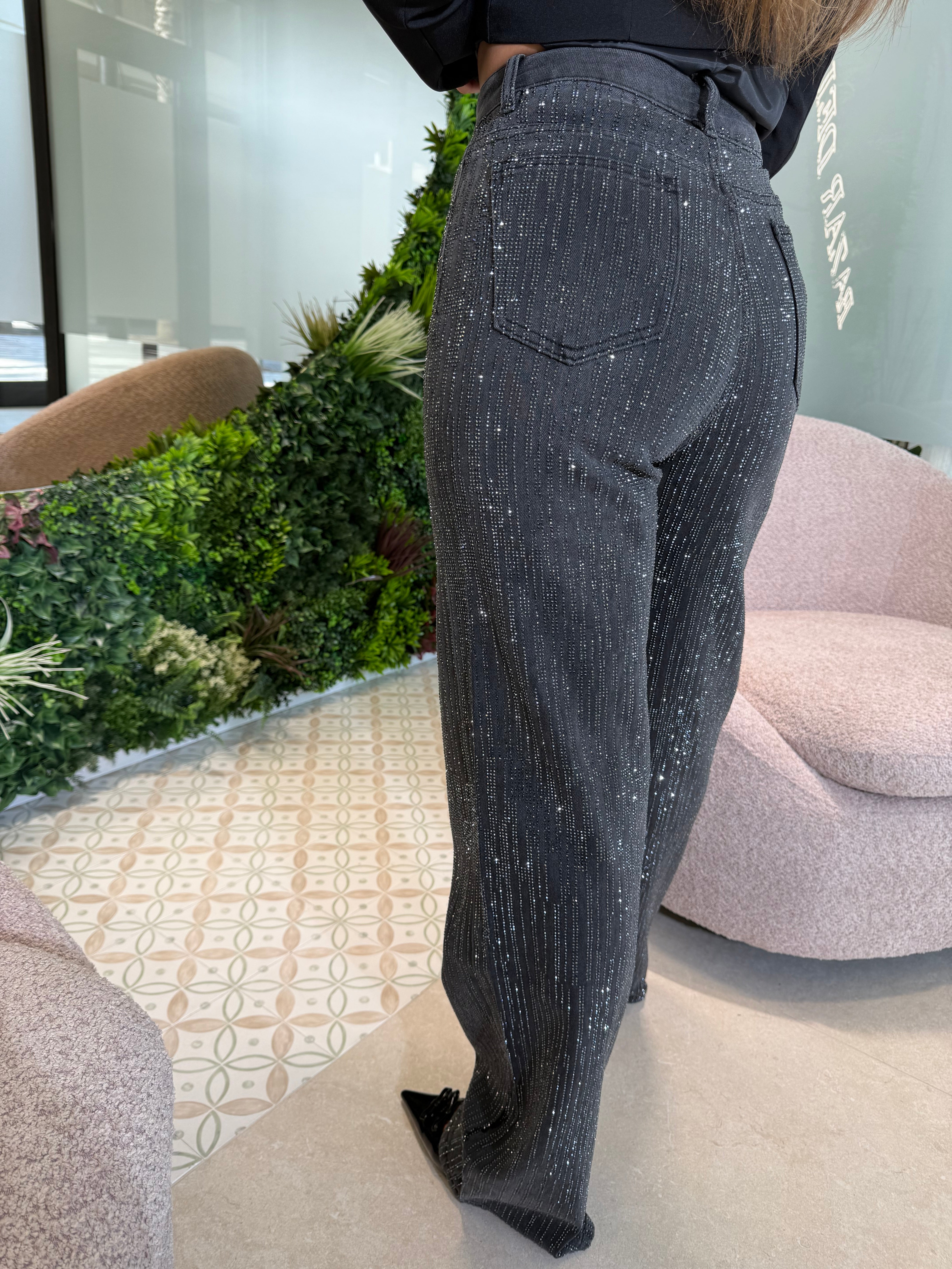 Jeans full strass a palazzo black