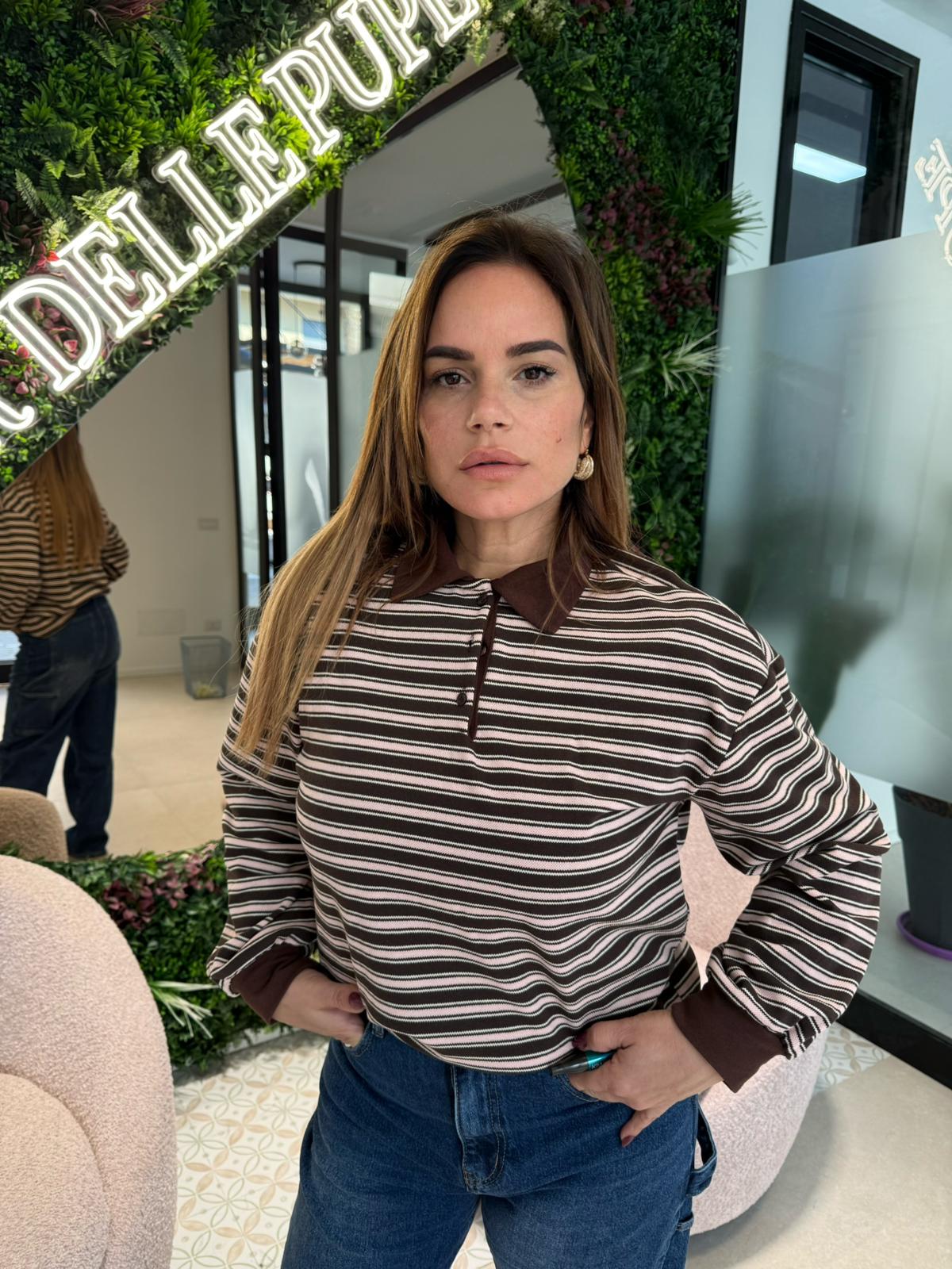 Polo a righe brown/pink