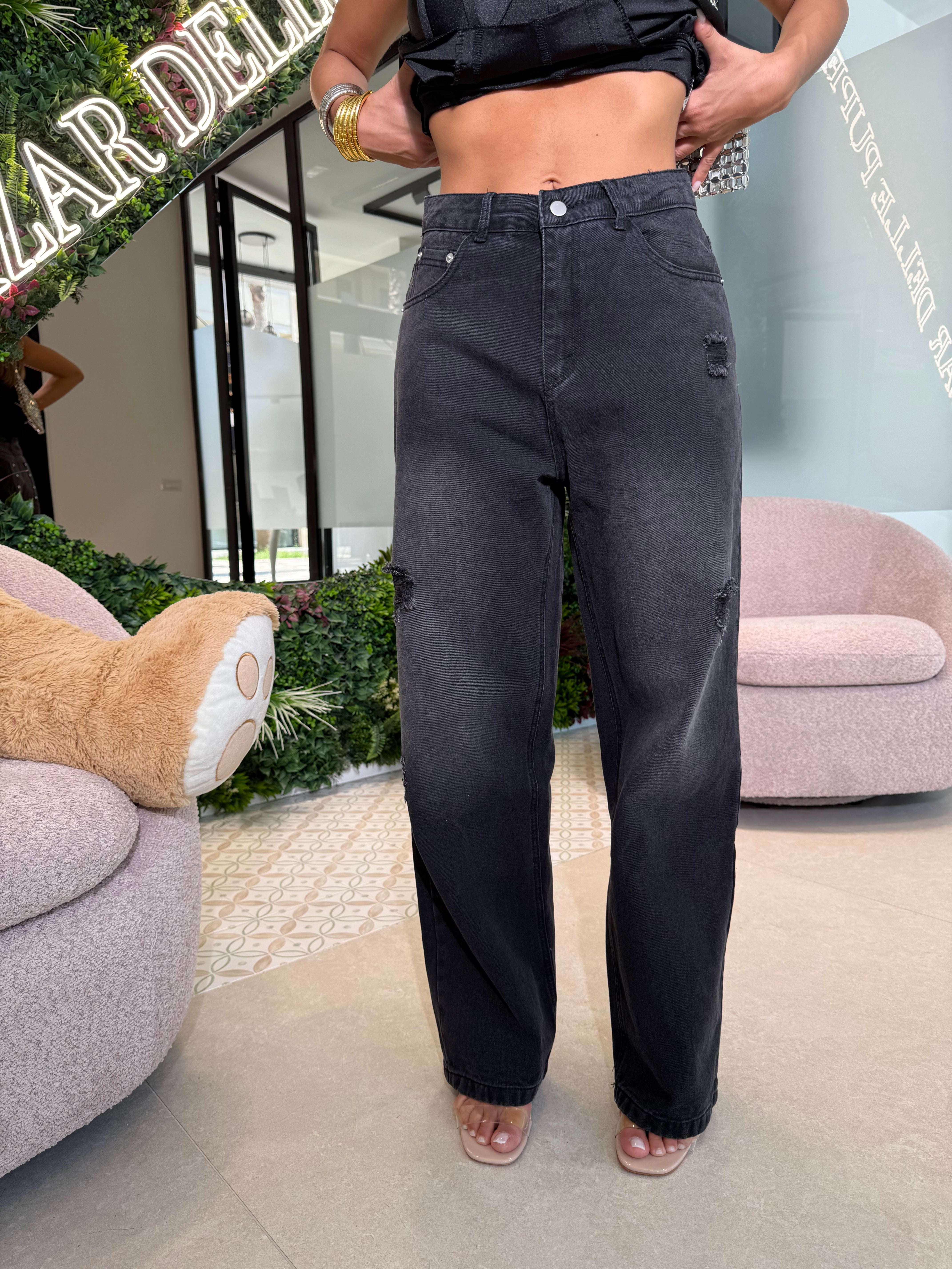 Jeans sfumato tasche in pelle