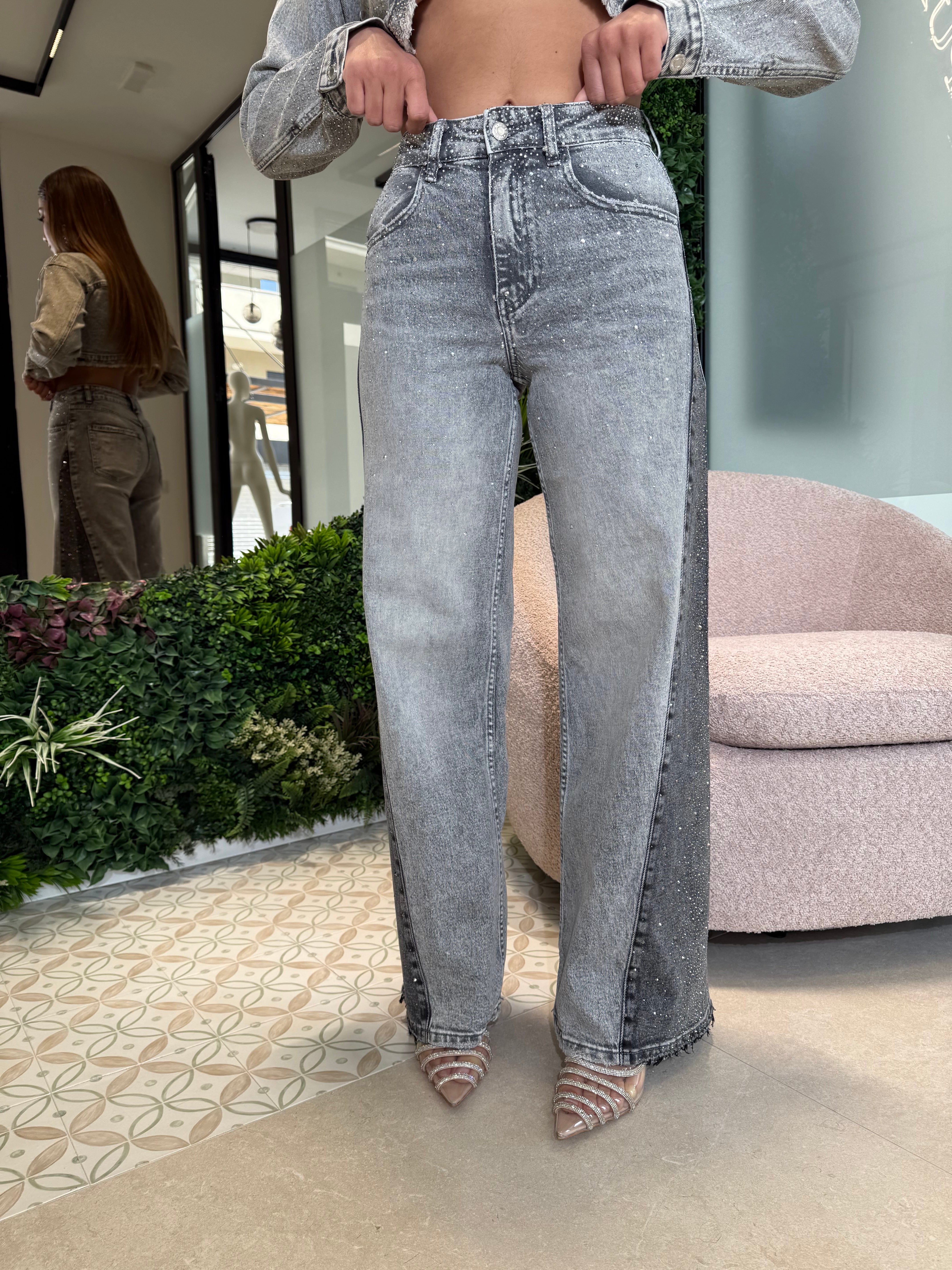 Jeans a palazzo grey con strass