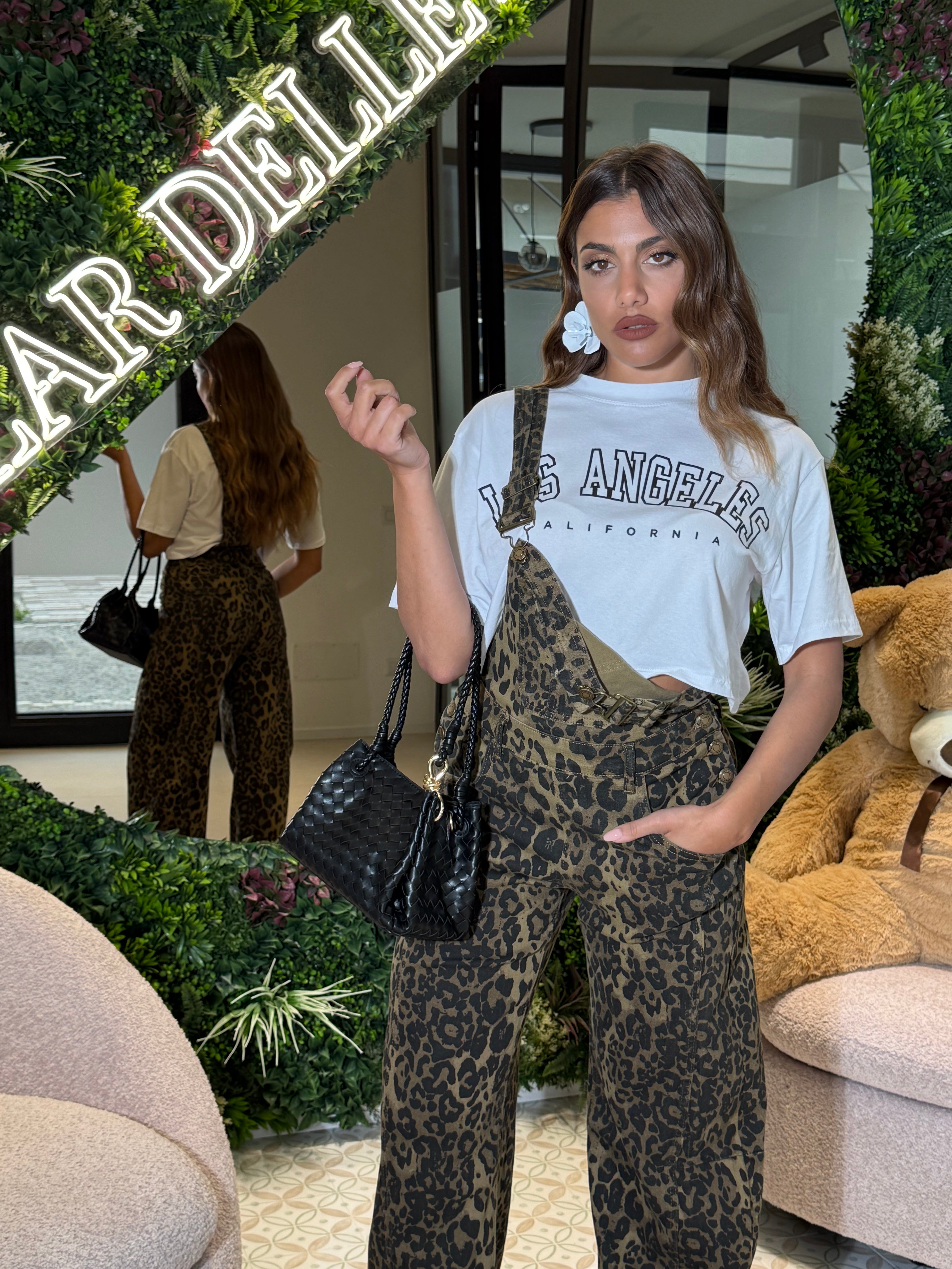 Salopette denim cargo animalier