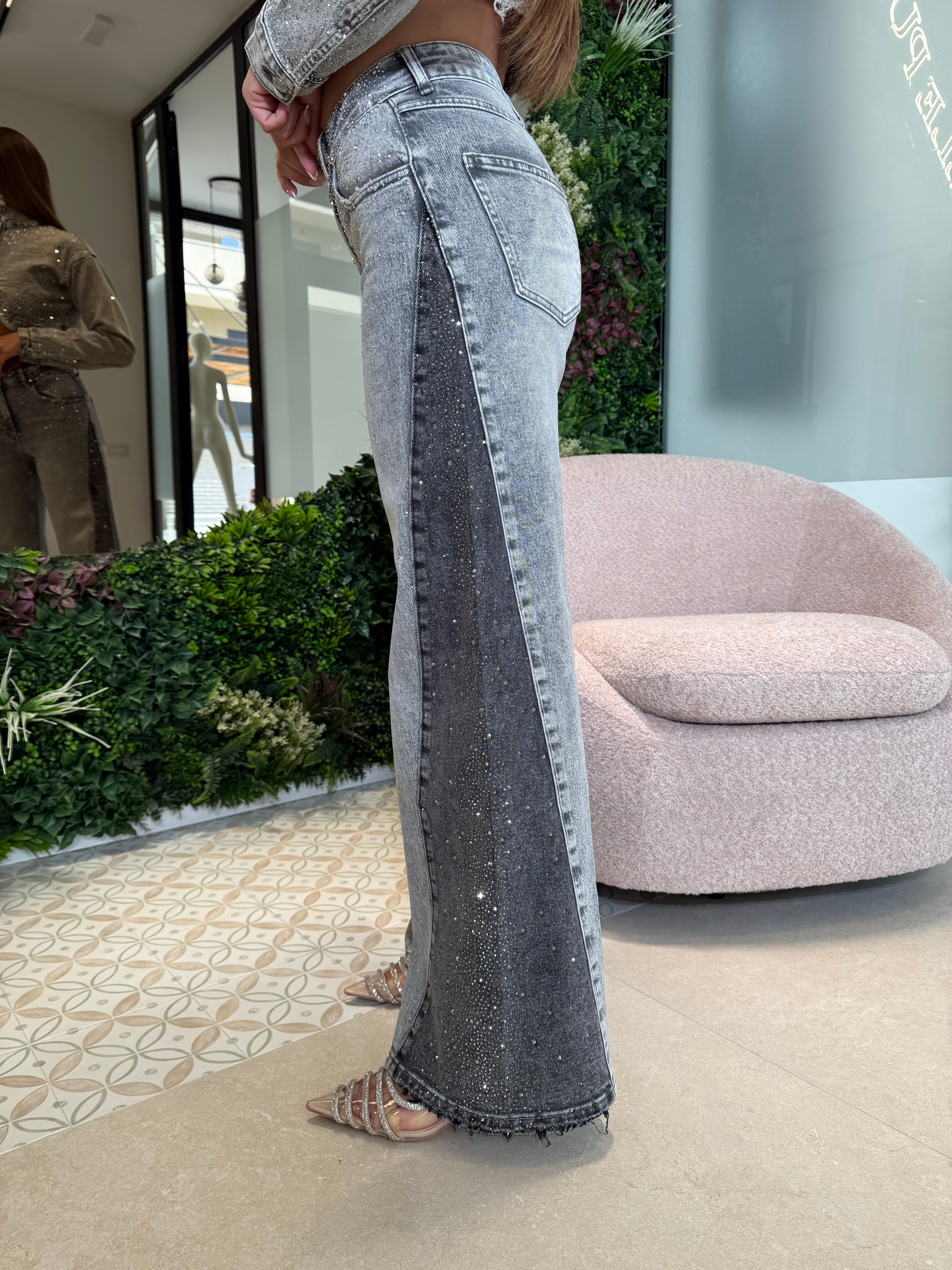Jeans a palazzo grey con strass