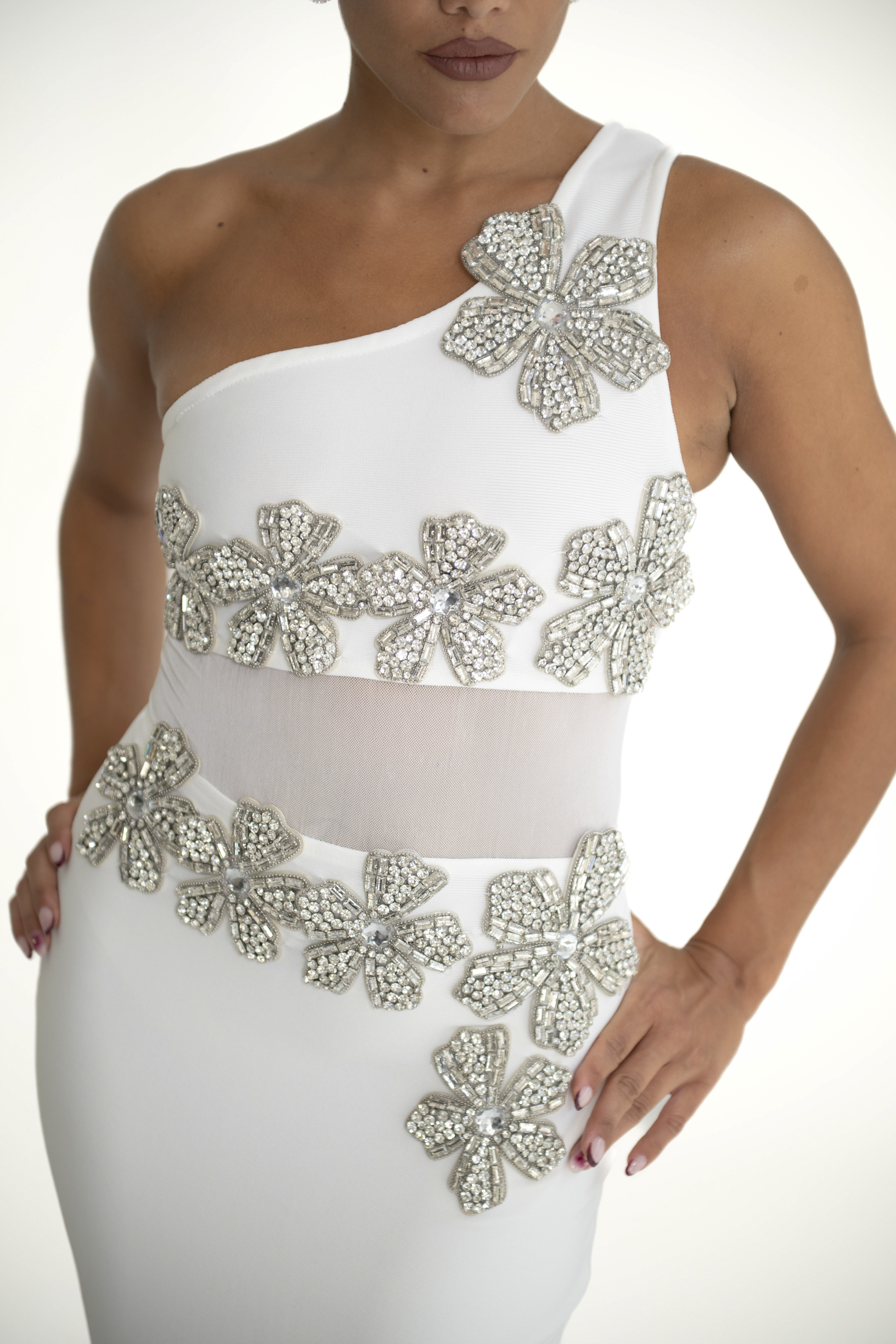 Abito bandage con fiori strass bianco