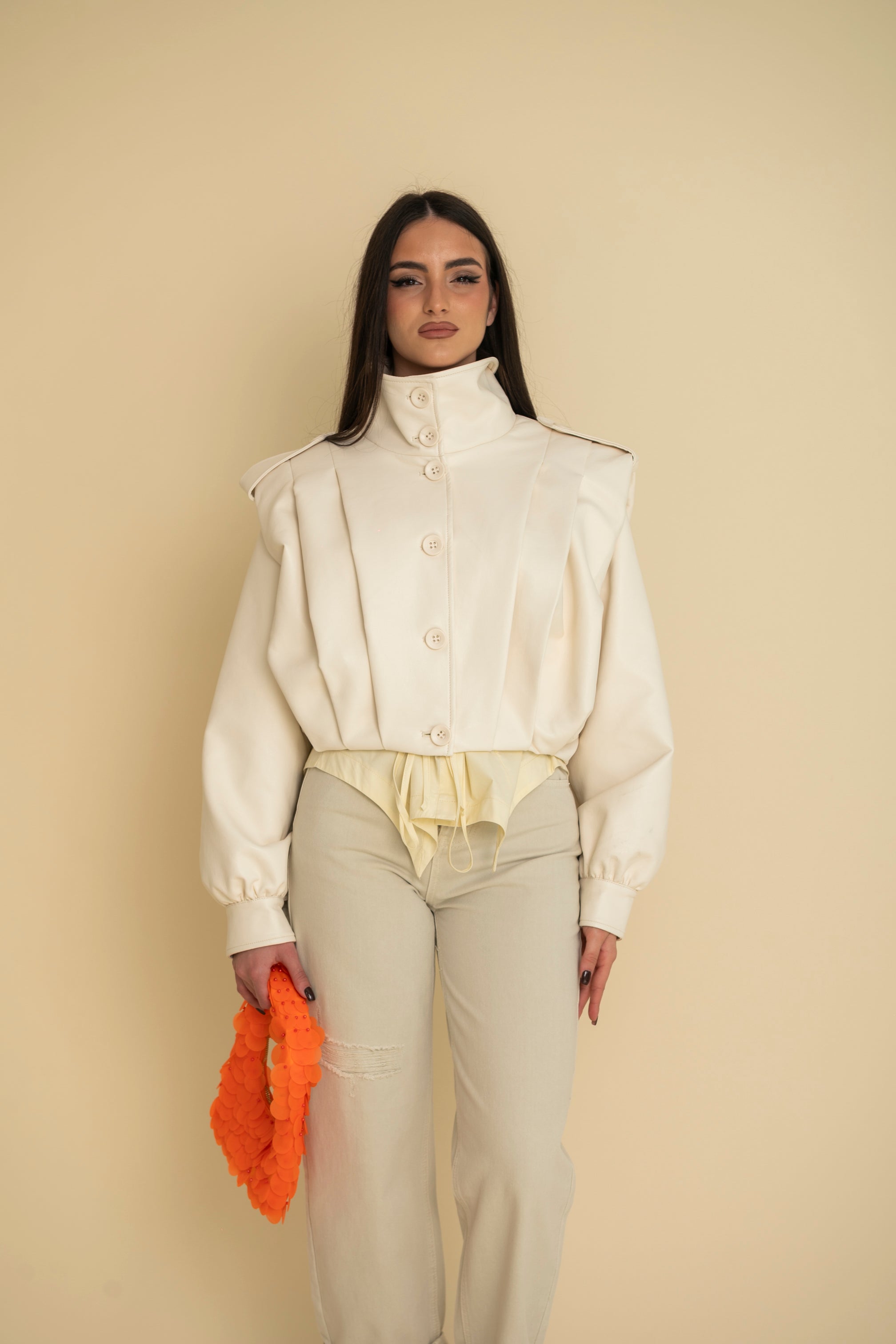 Bomber crop arricciato in ecopelle