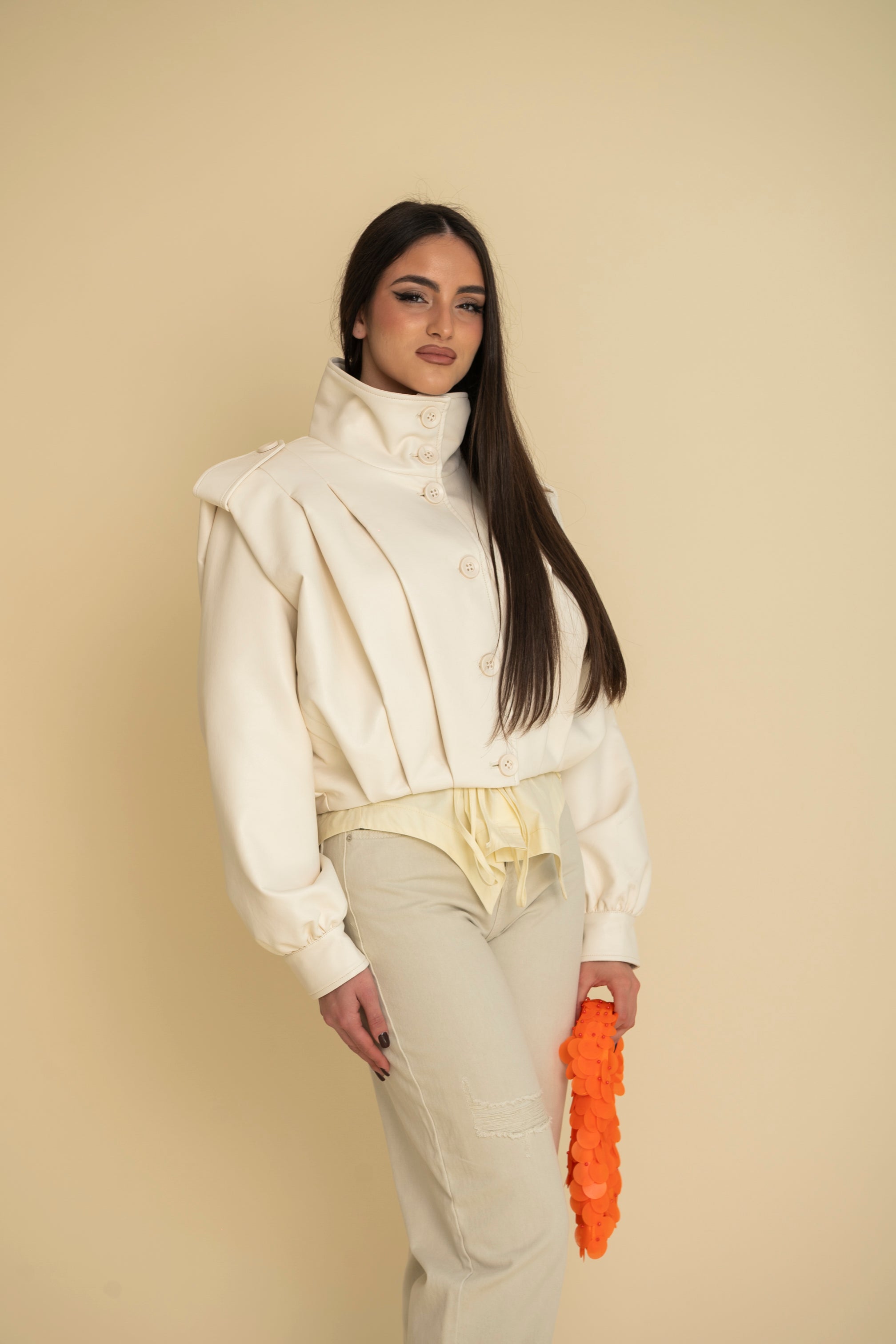 Bomber crop arricciato in ecopelle