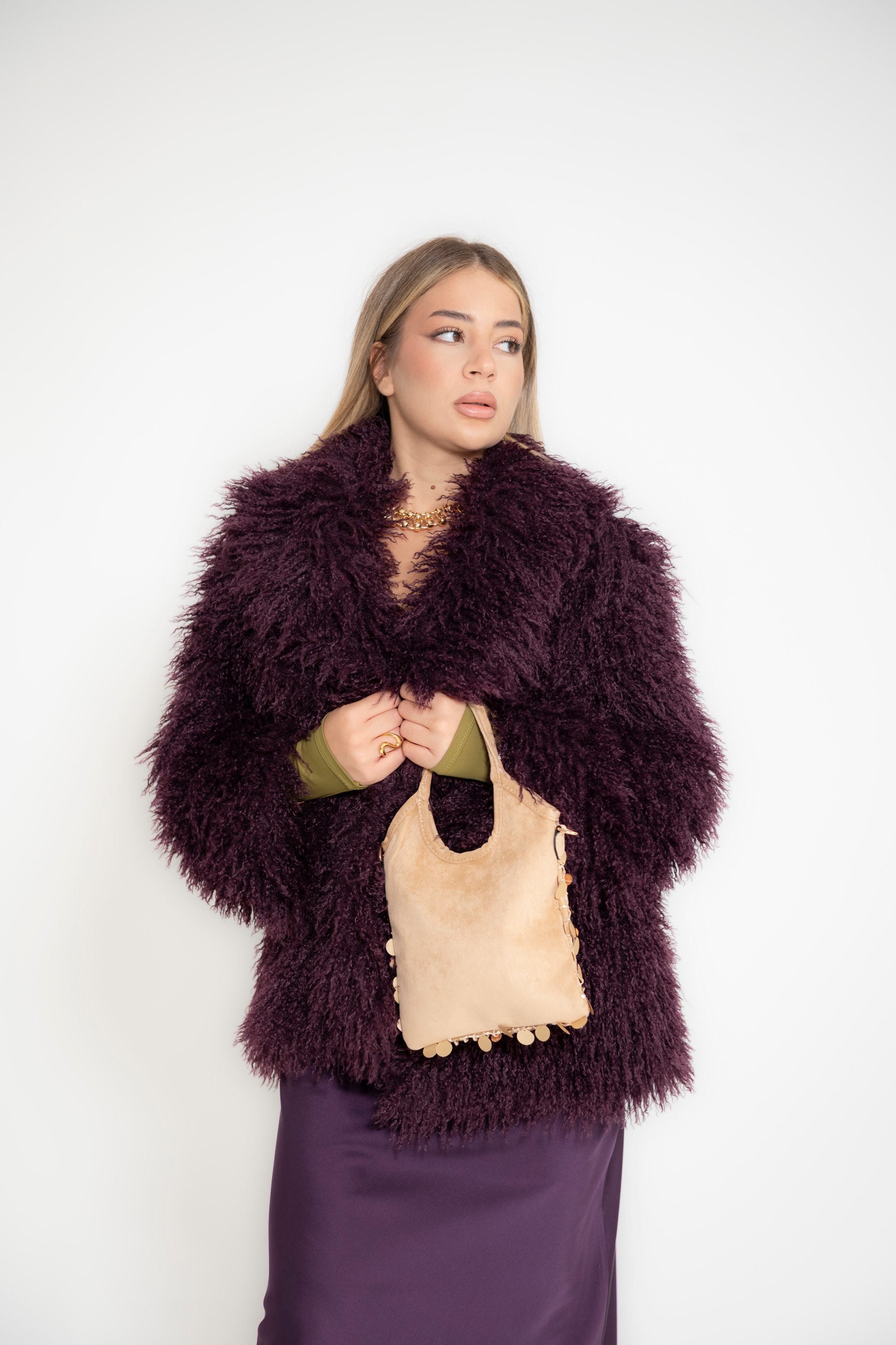 Pelliccia corta teddy bordeaux
