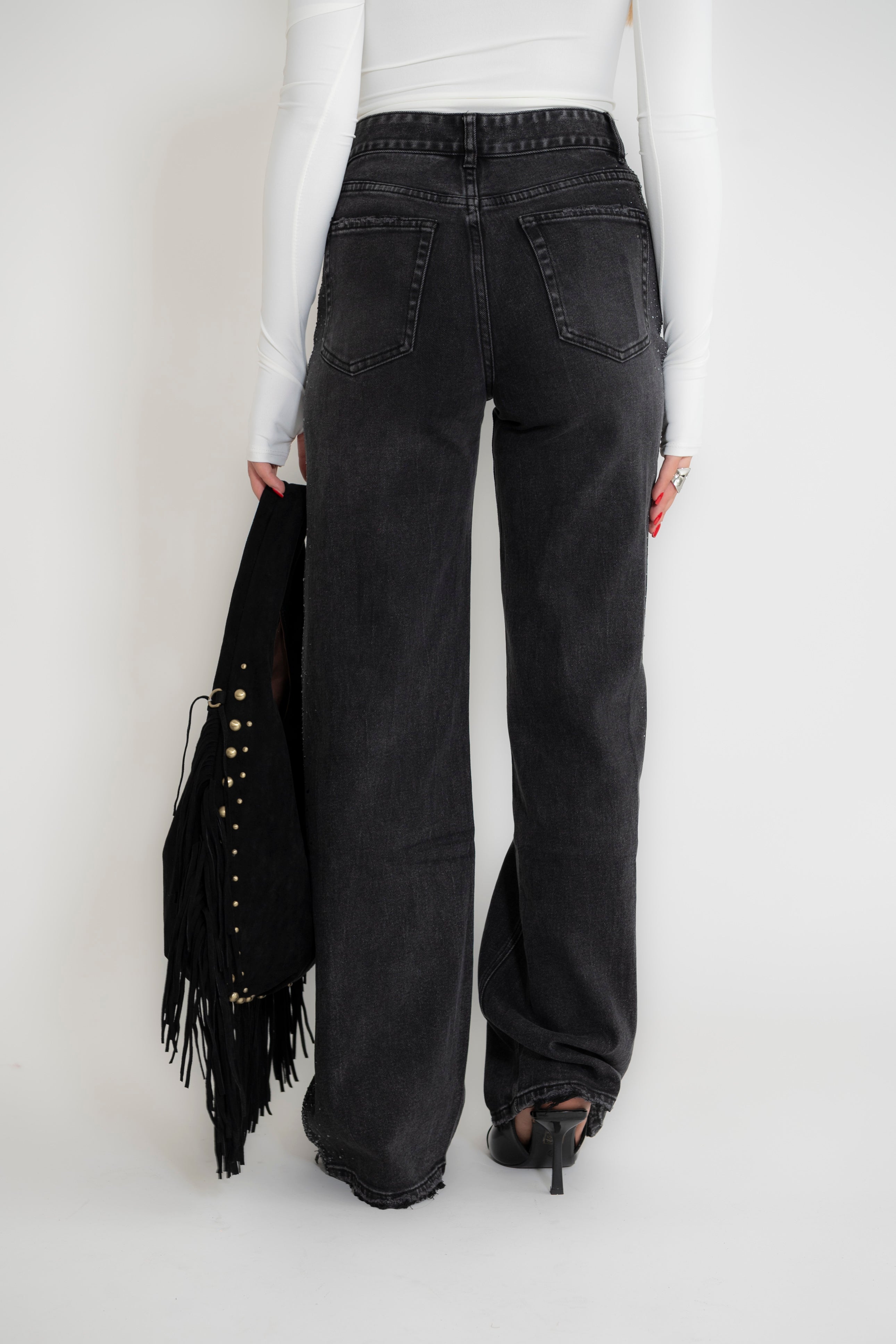 Jeans palazzo con strass black