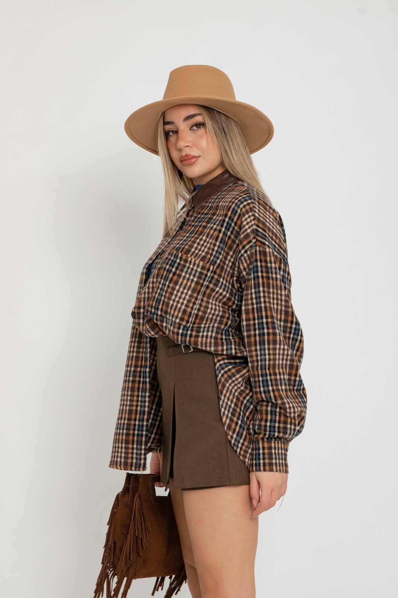 Camicia quadretti con colletto ecopelle