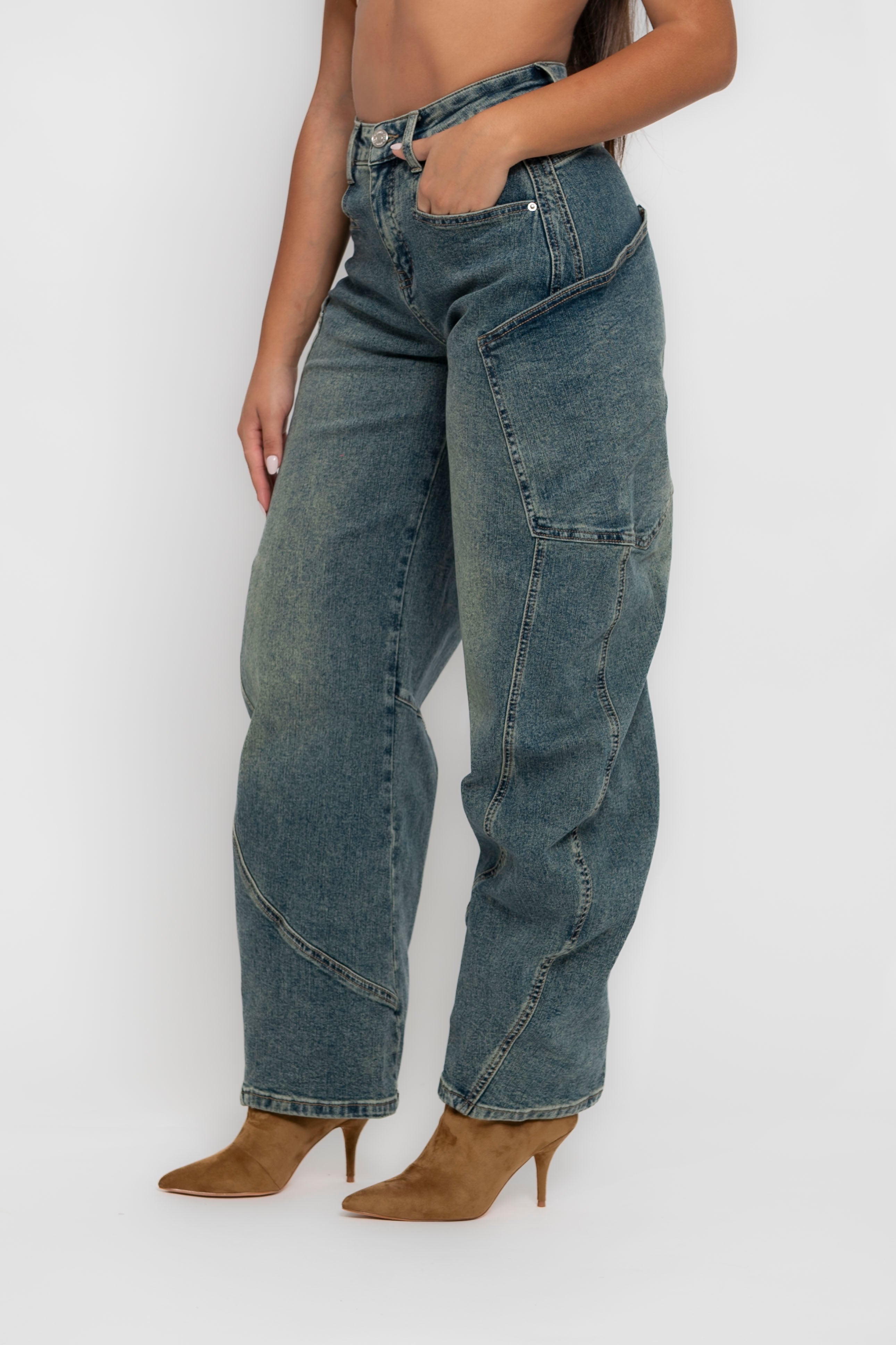 Jeans ballon tascone sabbiato