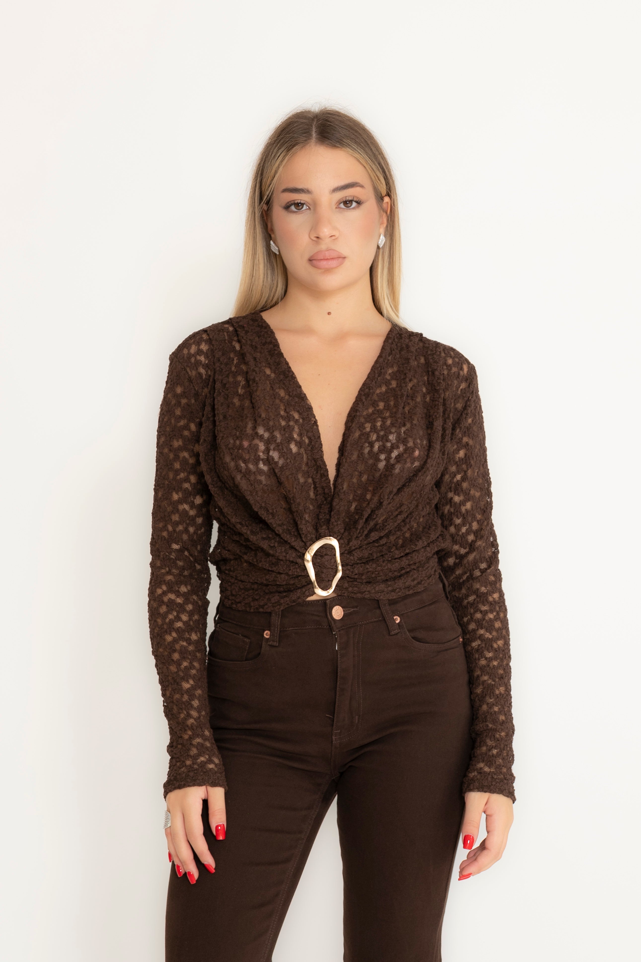 Maglia crop con micro fiori e dettaglio gold