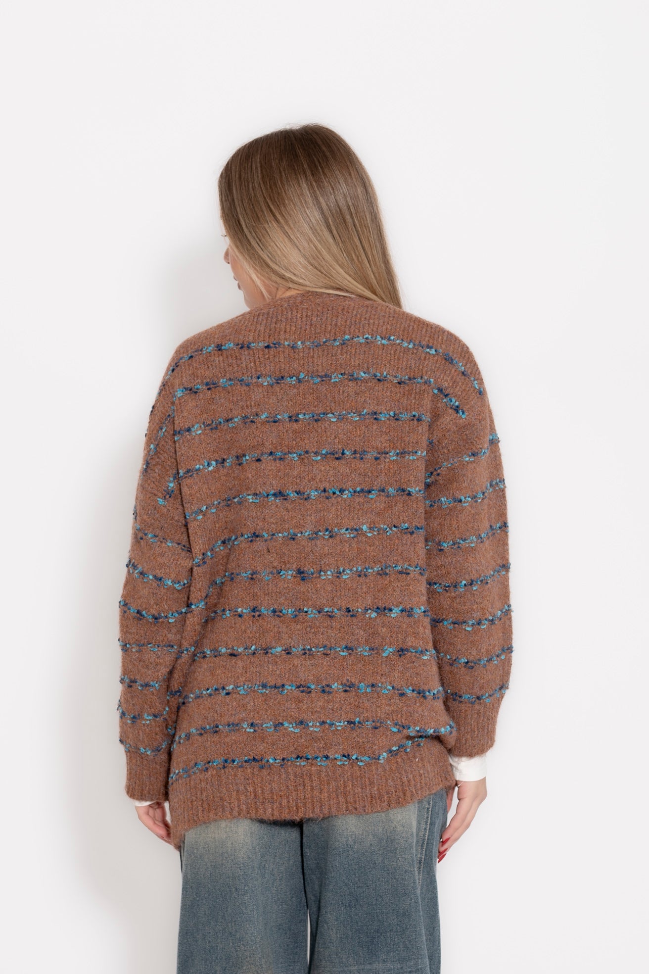Cardigan in lana con tasche denim