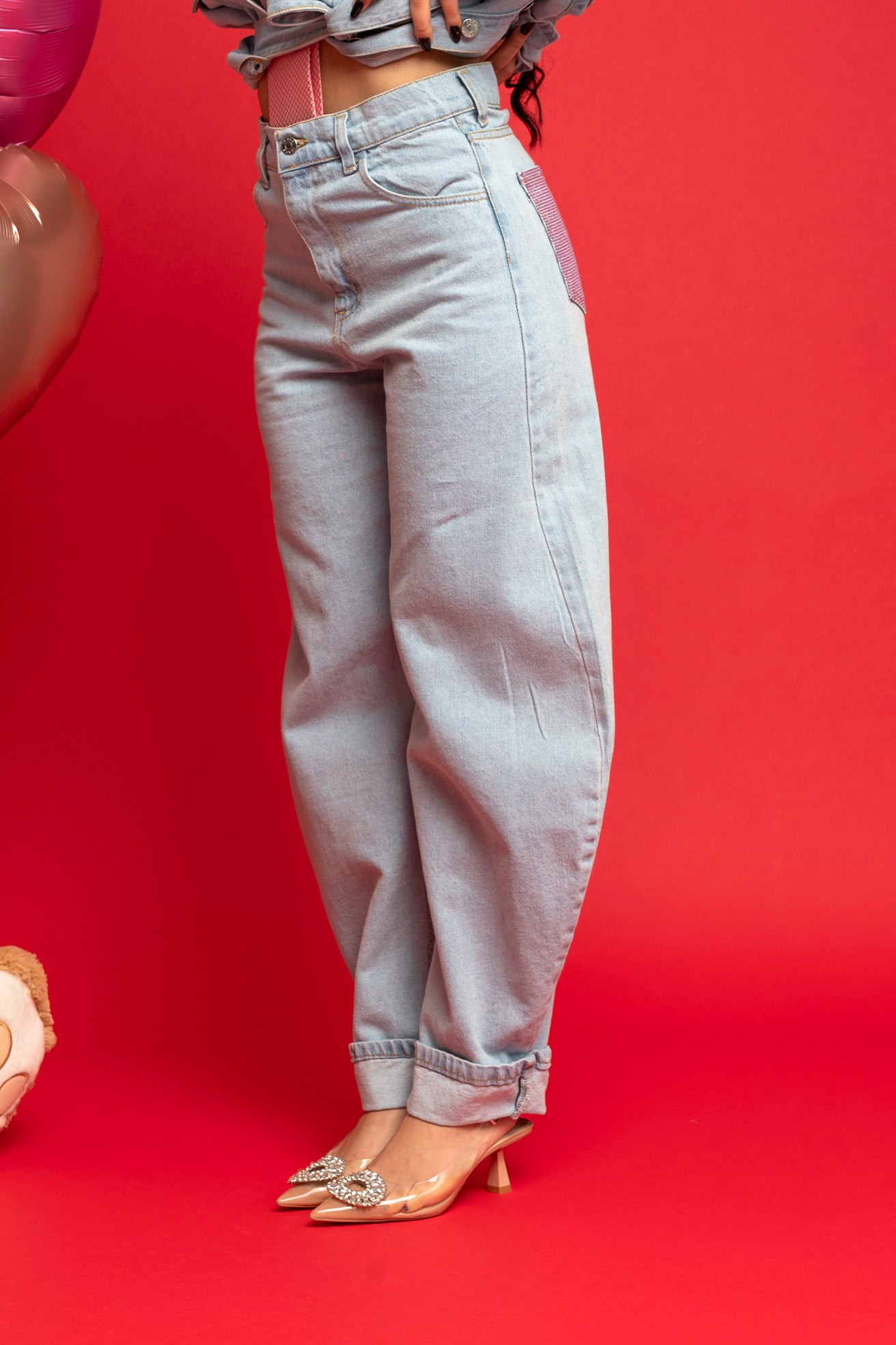 Jeans tasca rosa con risvolto