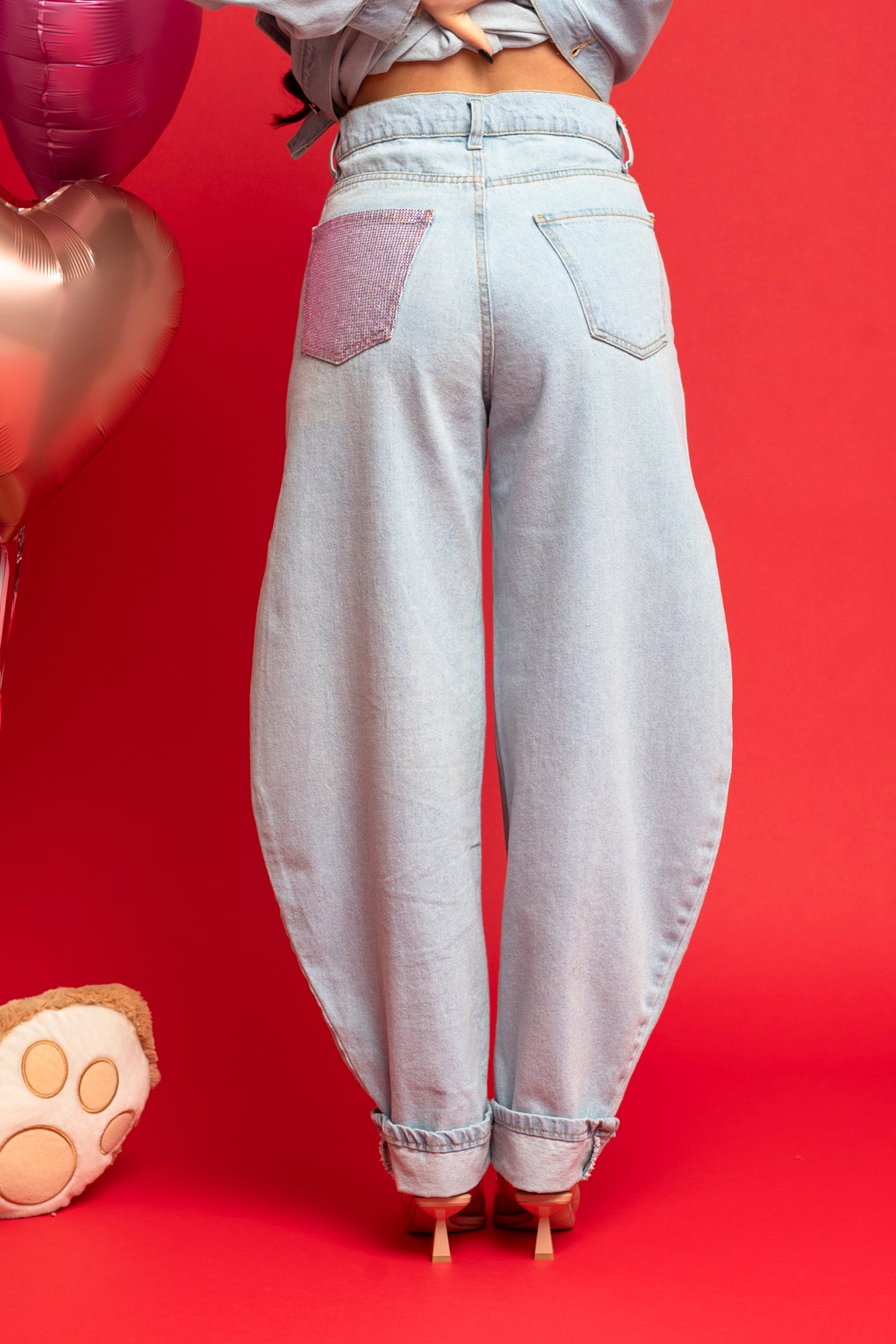 Jeans tasca rosa con risvolto