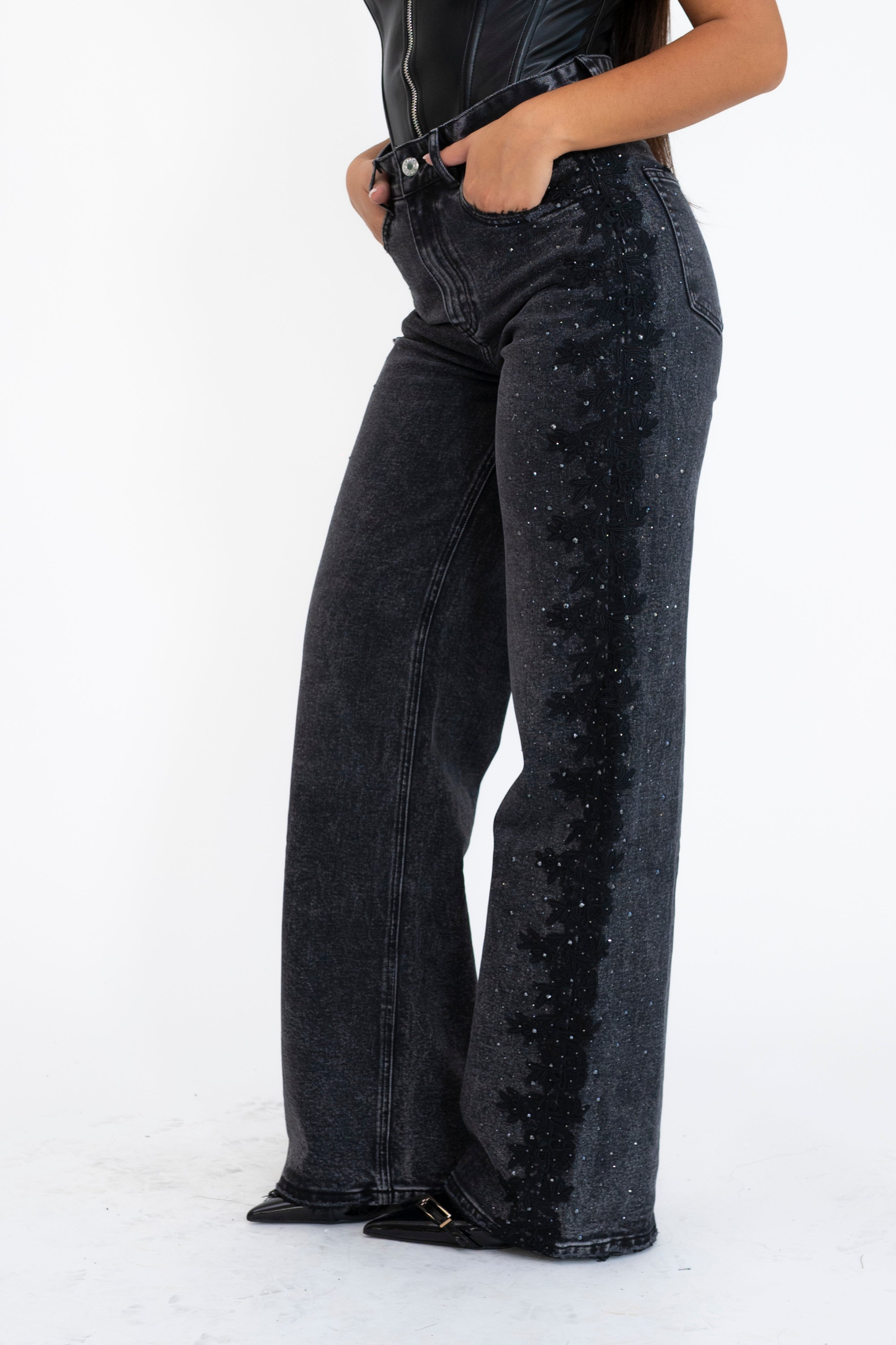 Jeans merletto e strass slim