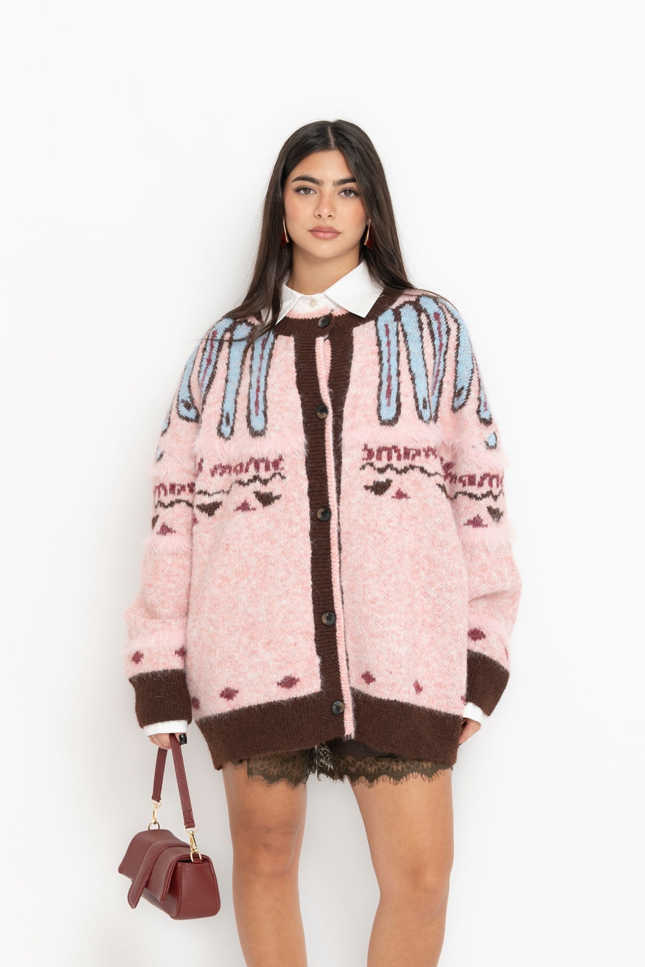 Cardigan maxi brown&pink