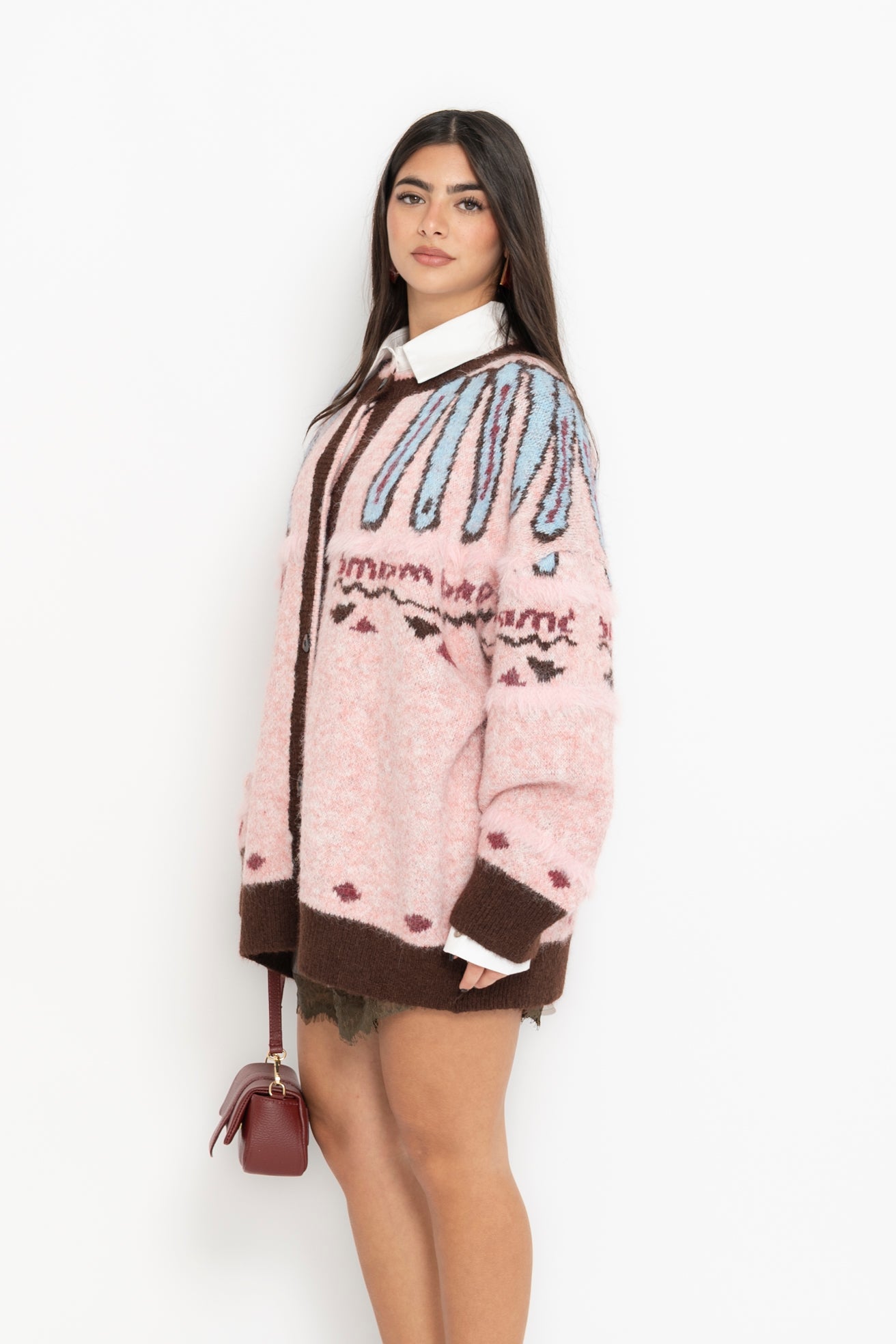 Cardigan maxi brown&pink