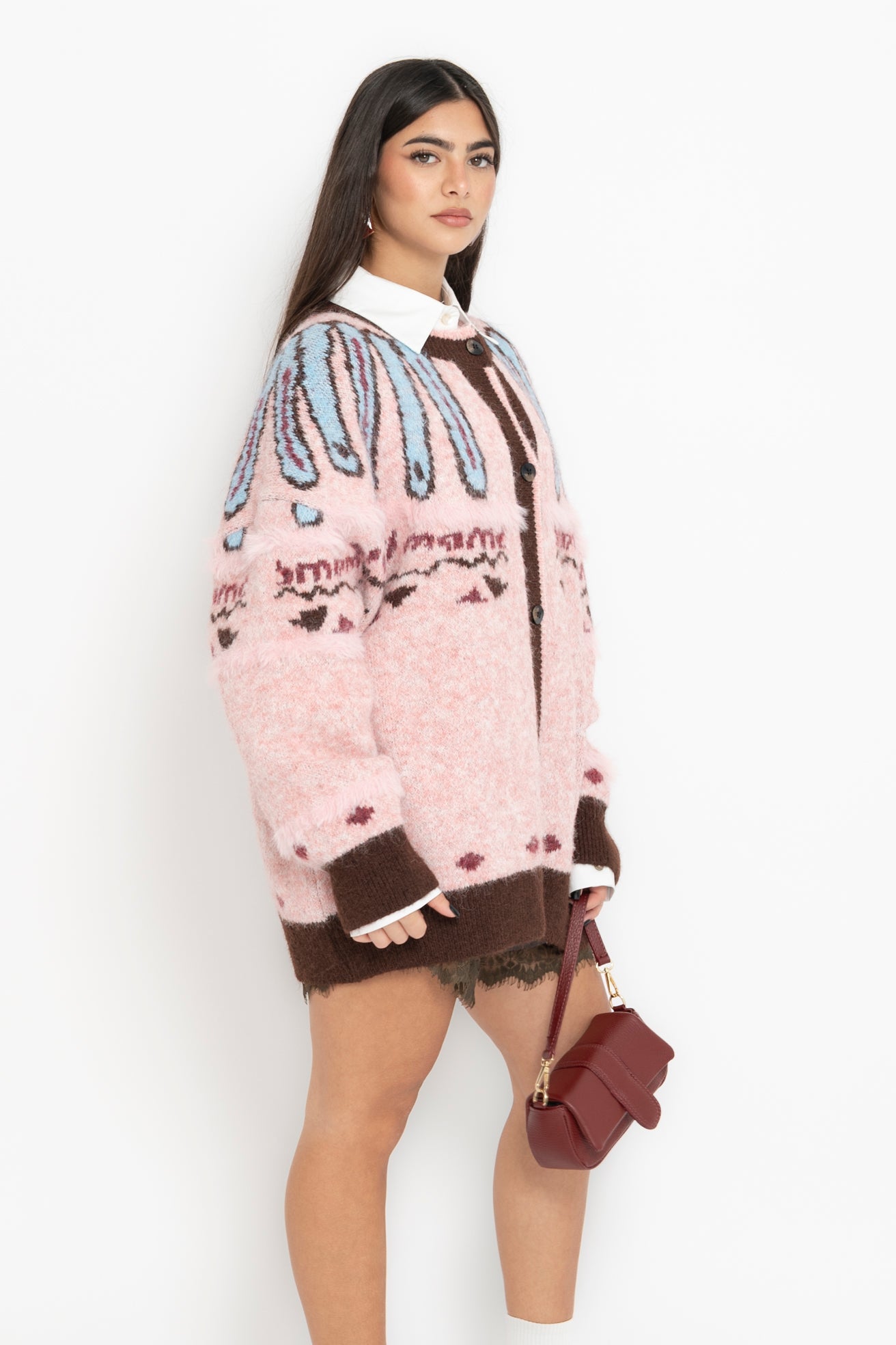 Cardigan maxi brown&pink