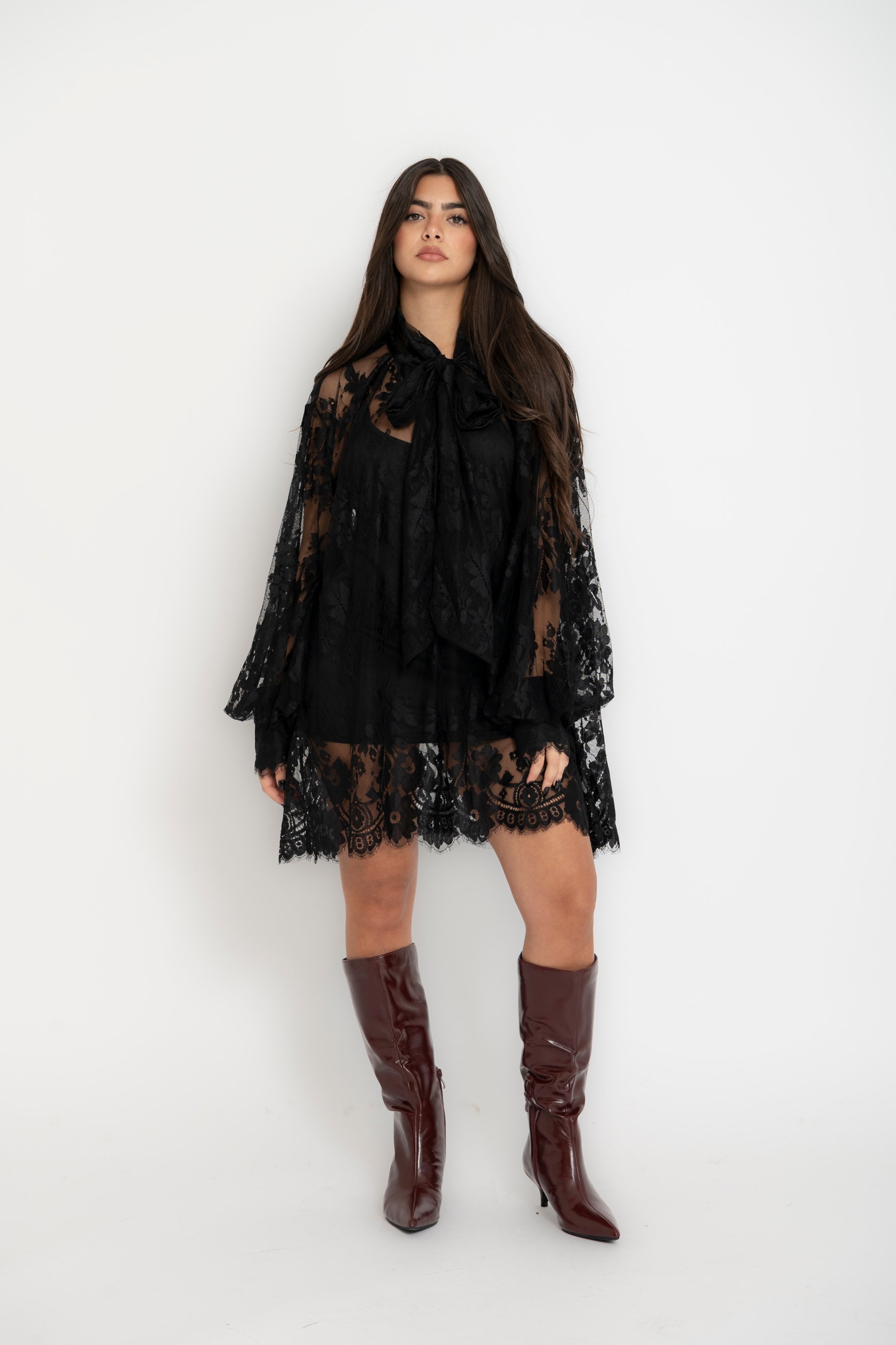 Maxi camicia merletto con fiocco