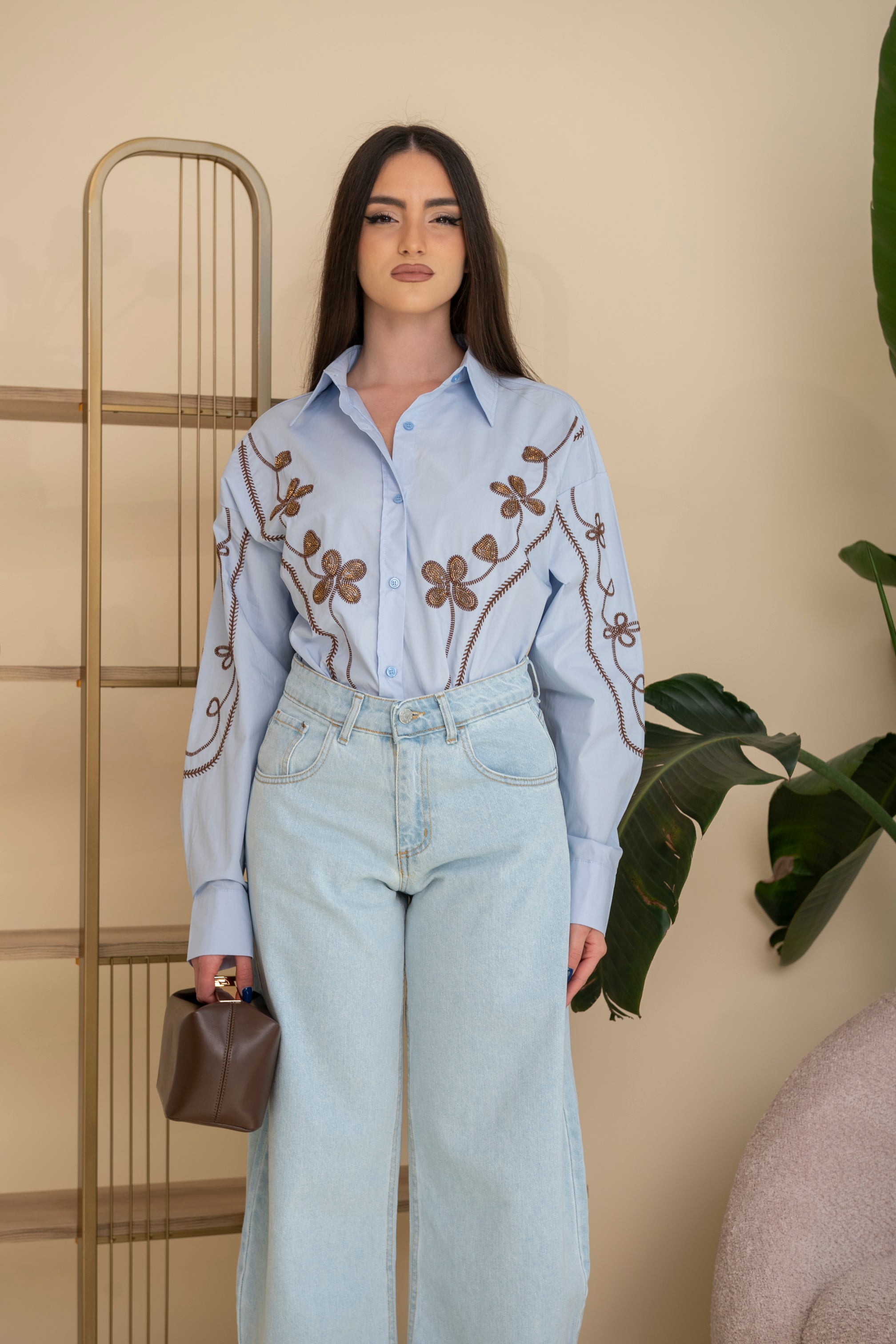 Camicia fiori perline brown