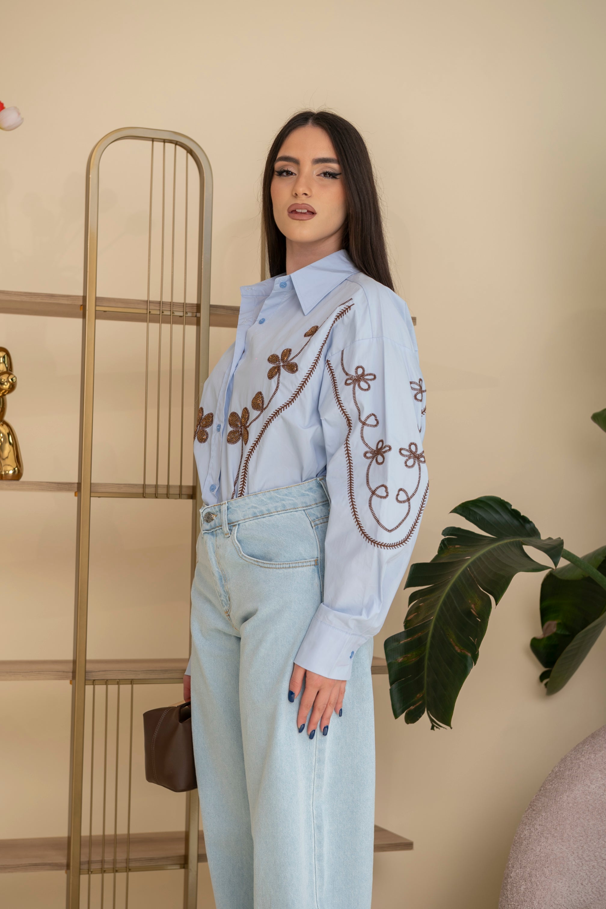 Camicia fiori perline brown