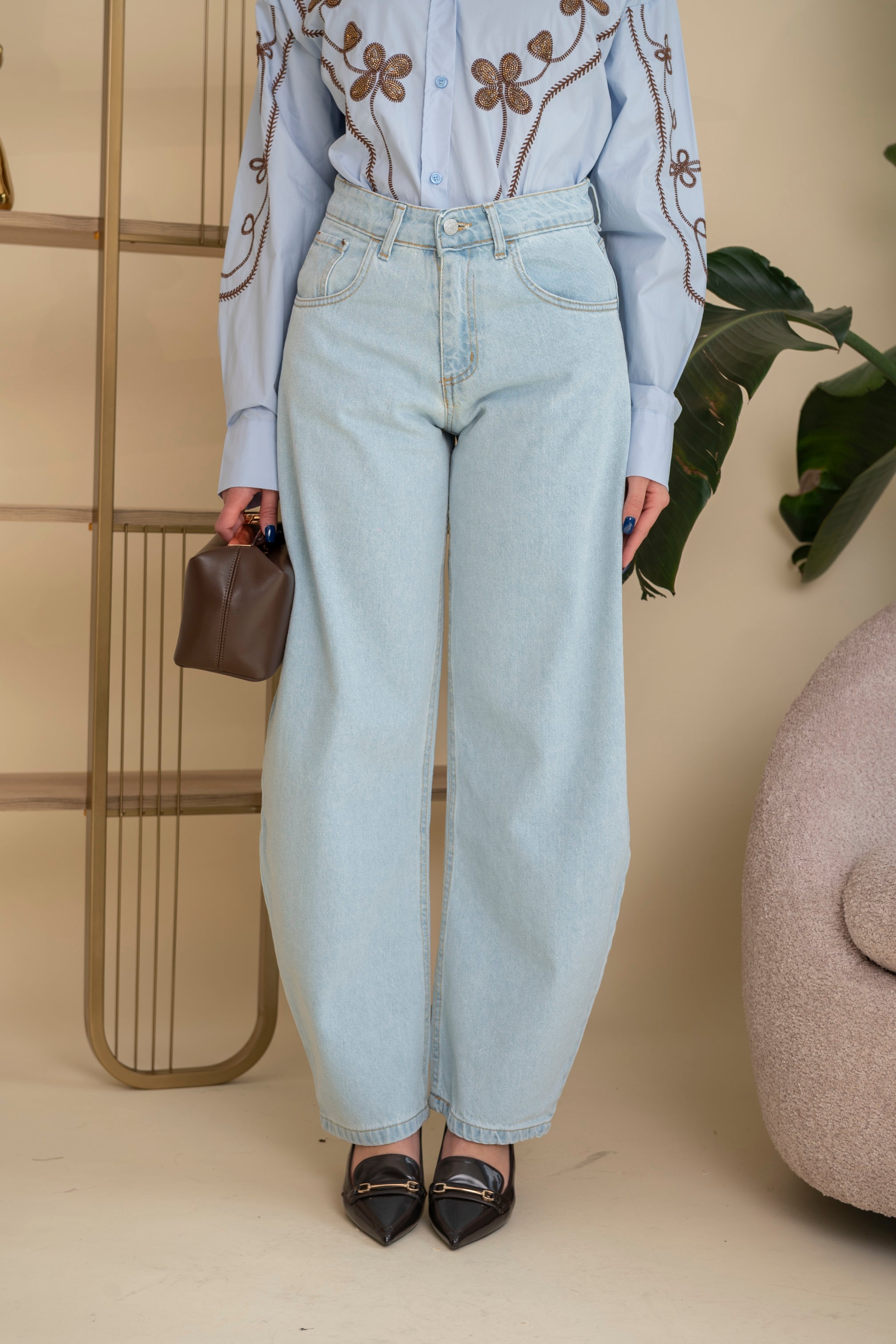 Jeans ballon chiaro tasche in pelle