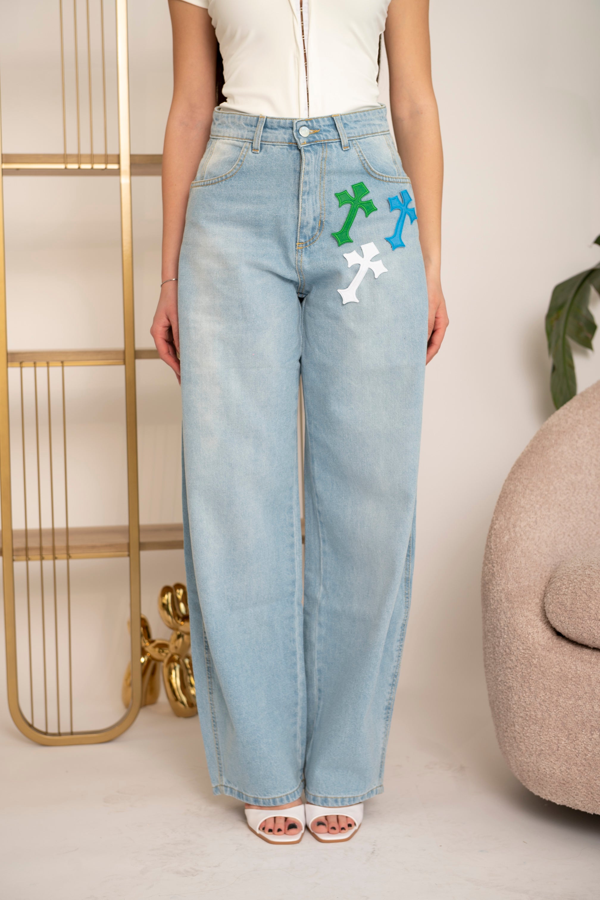 Jeans chiaro ballon croce