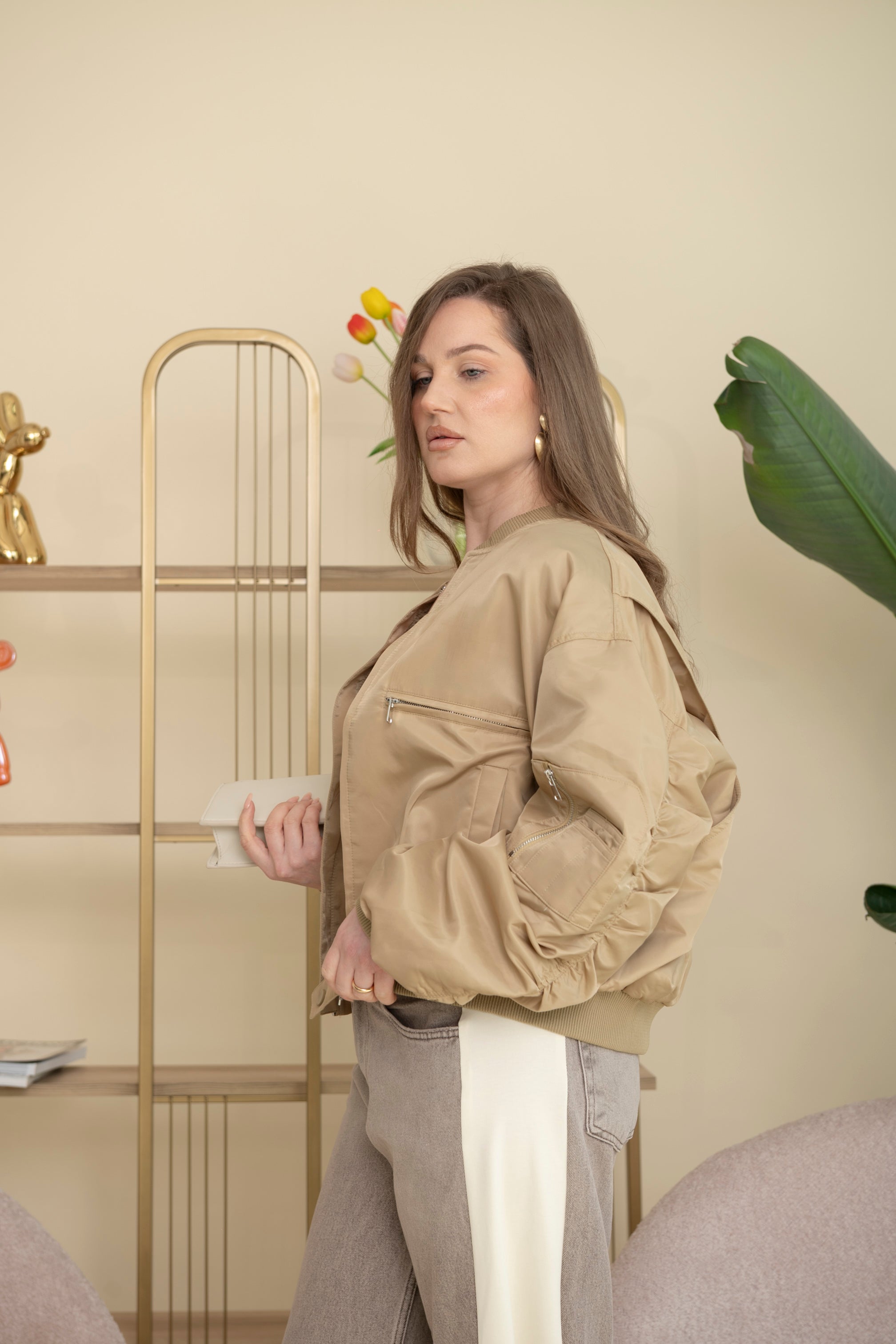 Bomber manica drappeggiata beige