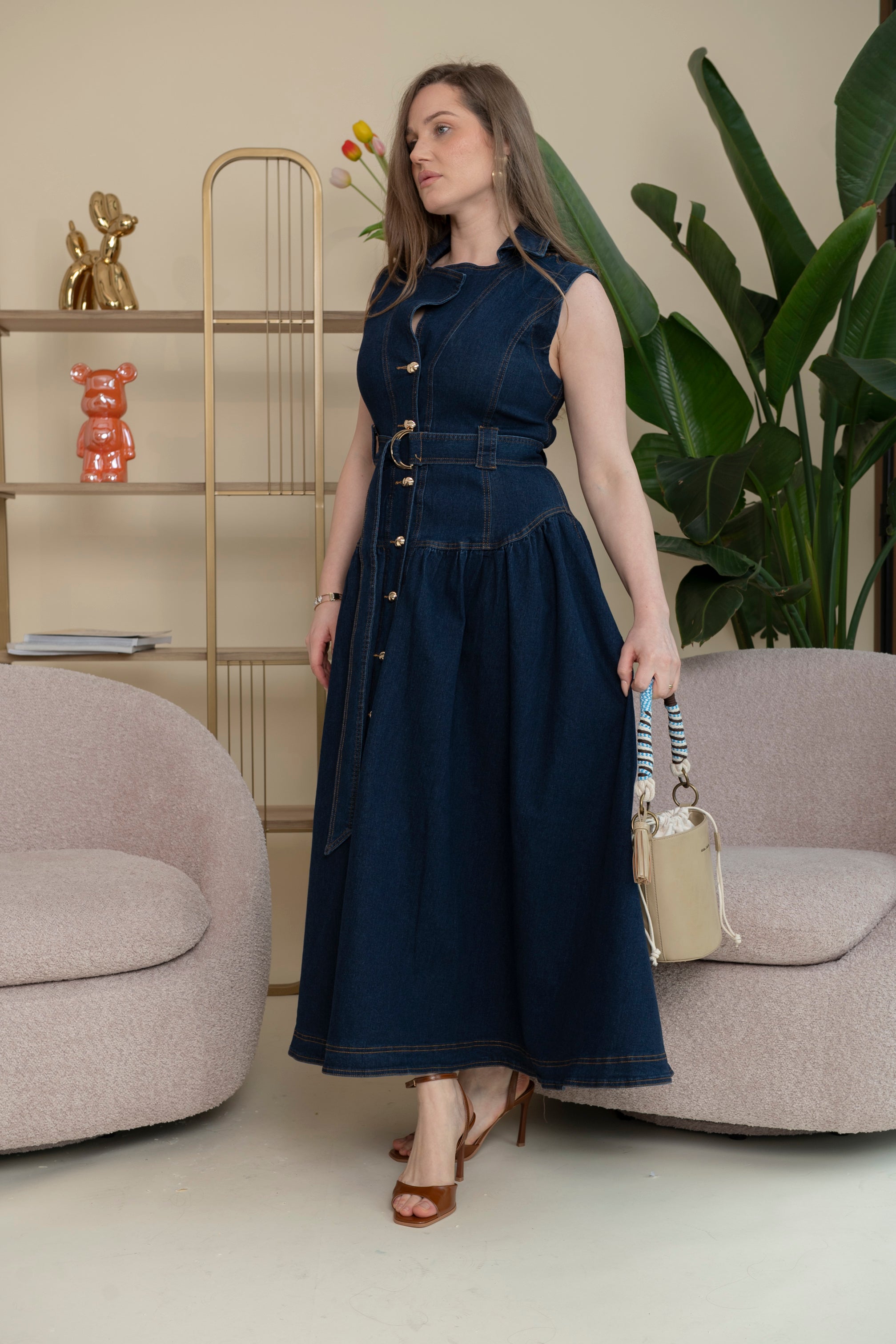 Abito denim con bottoni gold