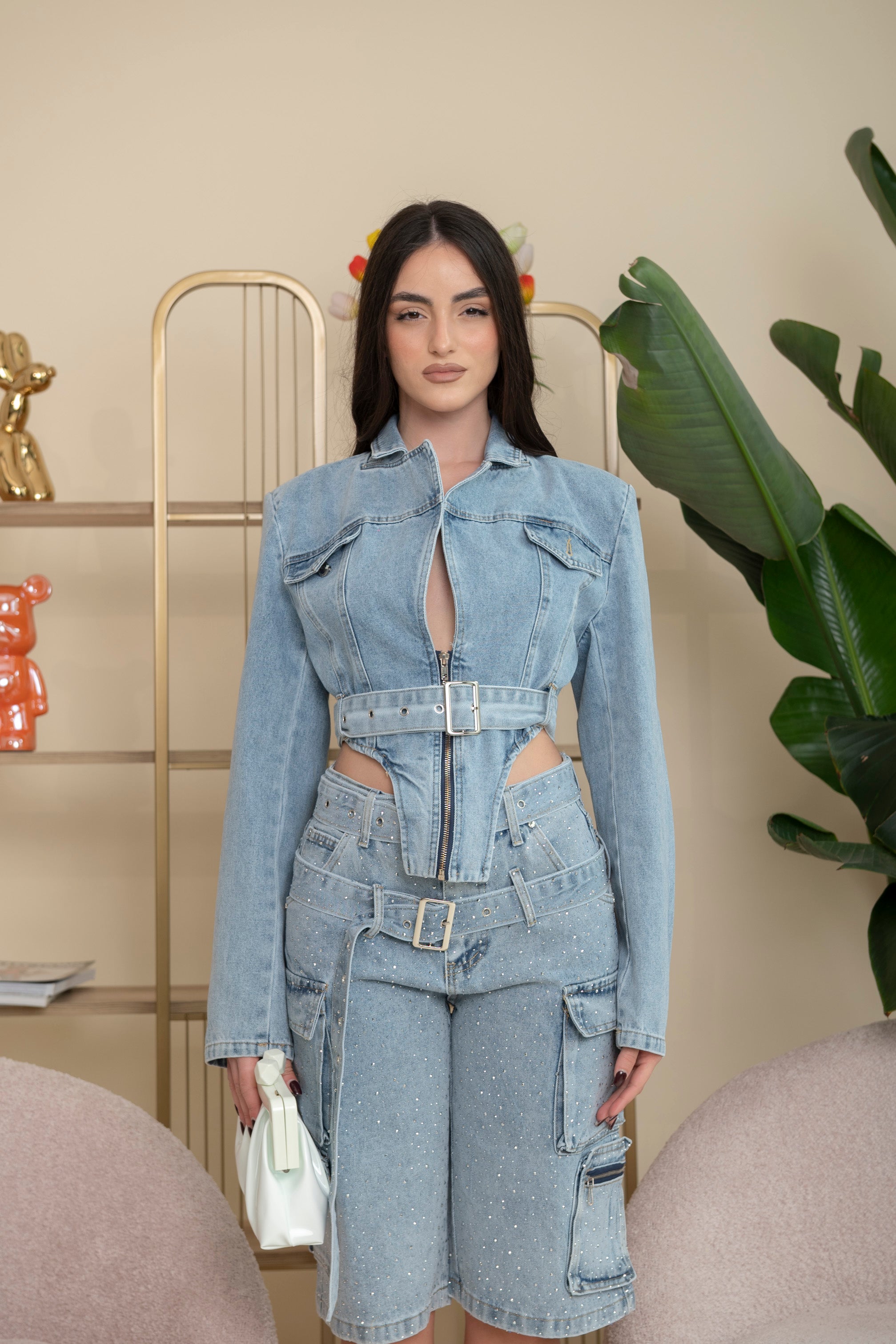 Giubbino denim con cintura