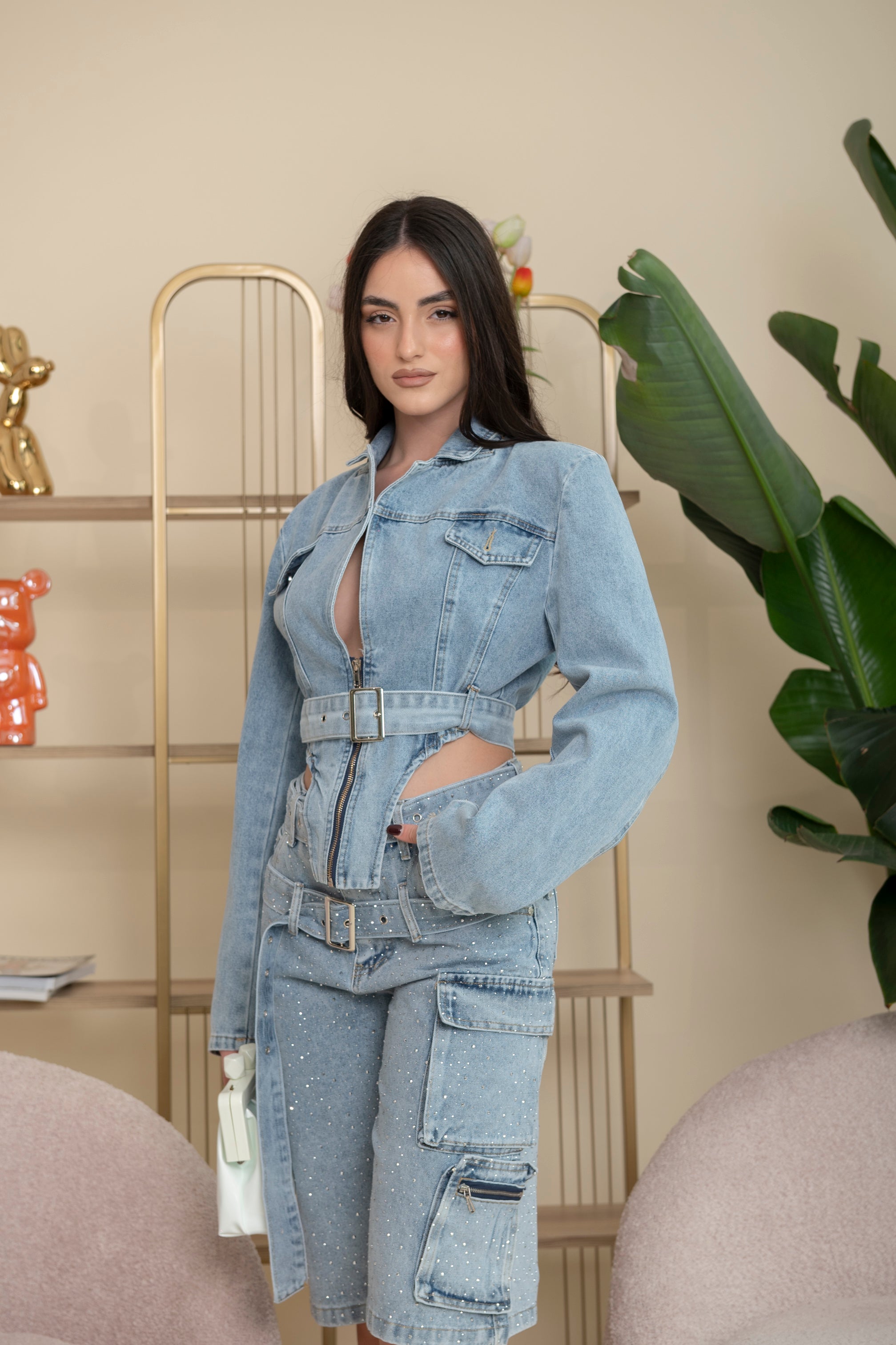 Giubbino denim con cintura