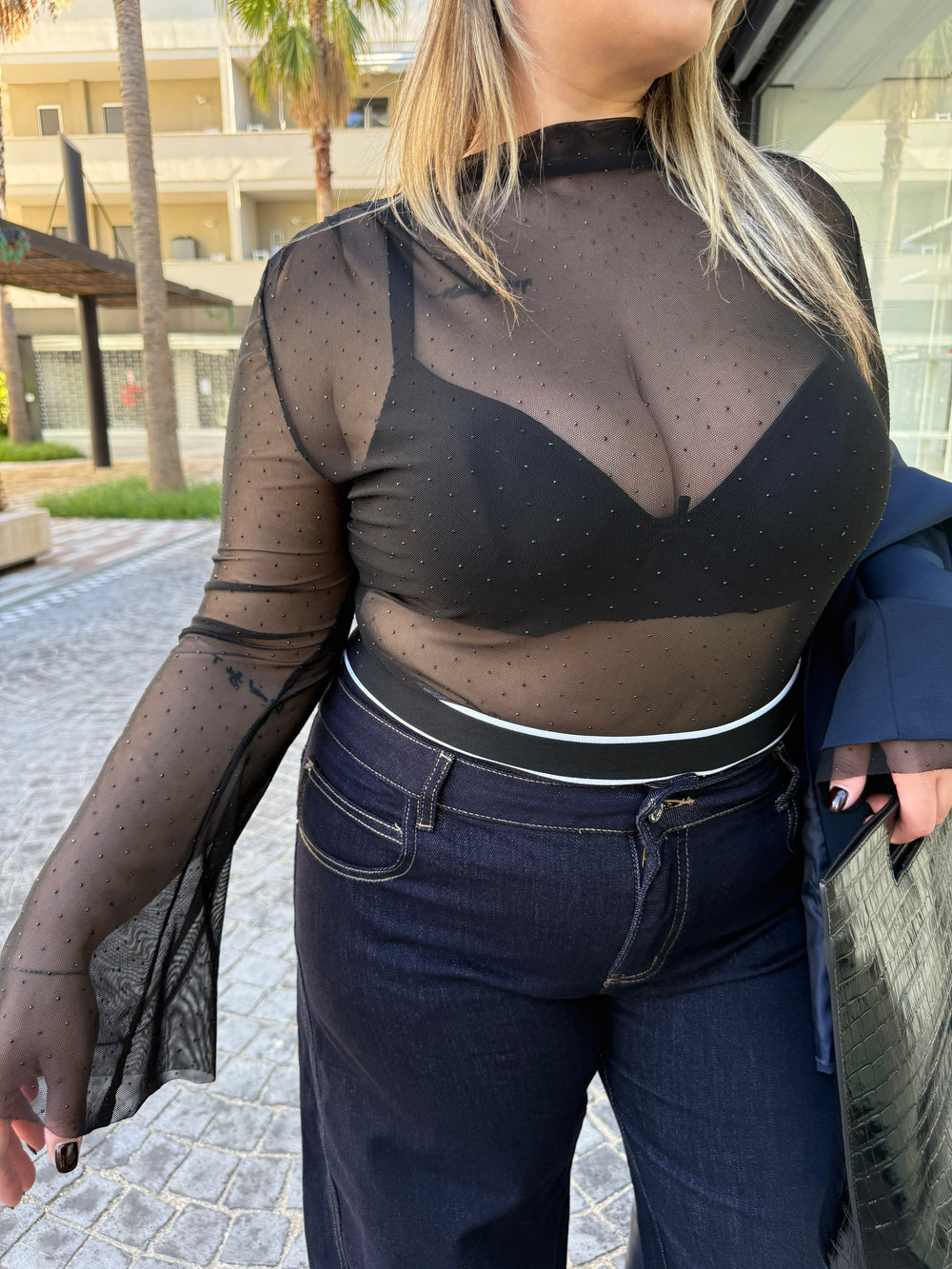 Maglia semitrasparente punto luce nero curvy