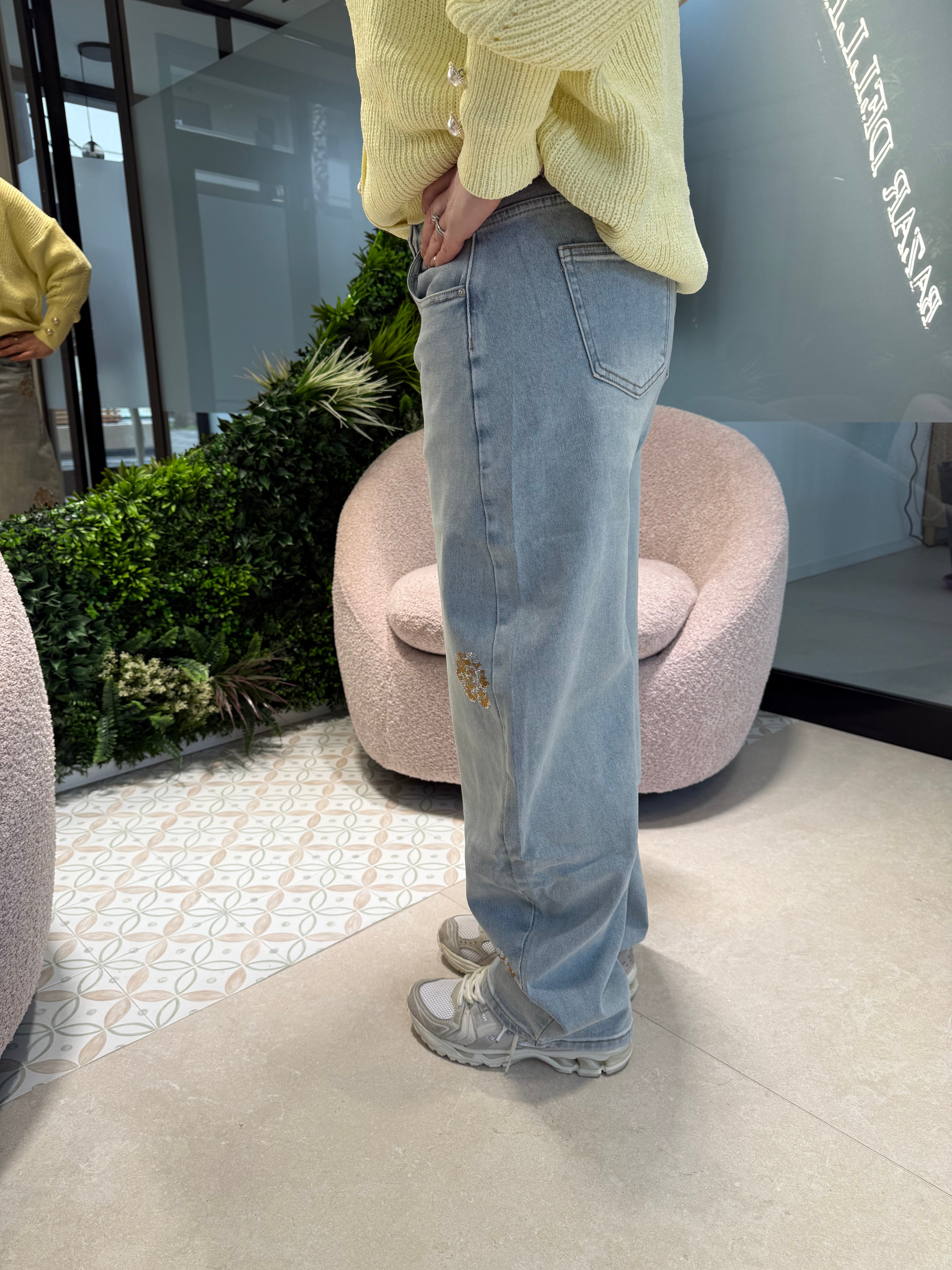 Jeans ballon fiore strass