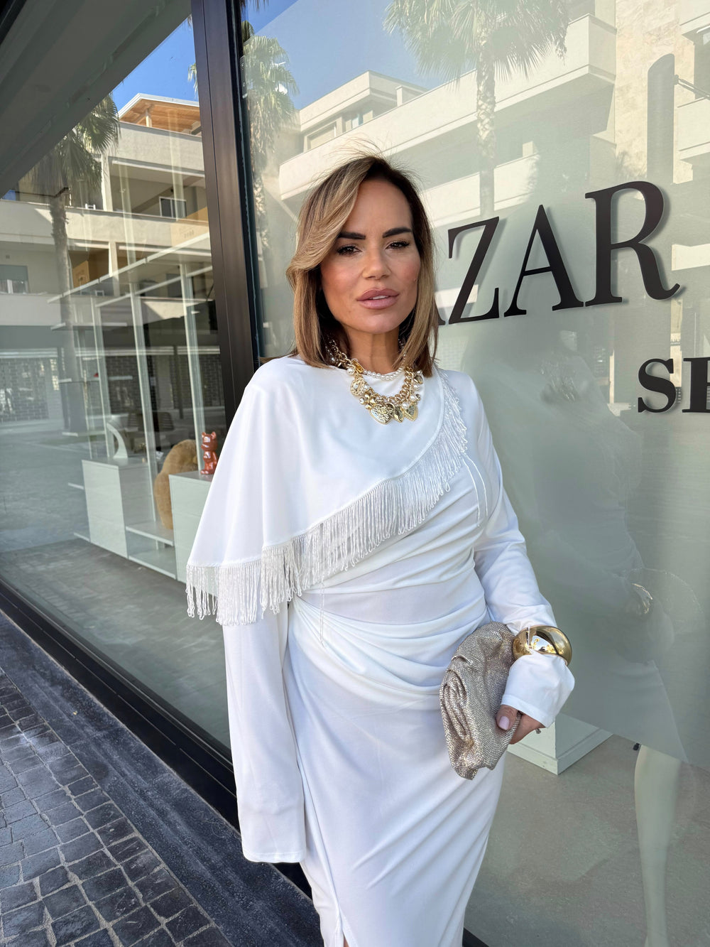 Abito midi con effetto mantella frange curvy