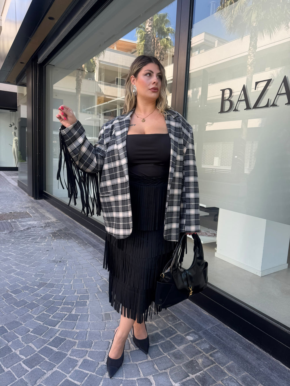 Giacca quadri con frange curvy
