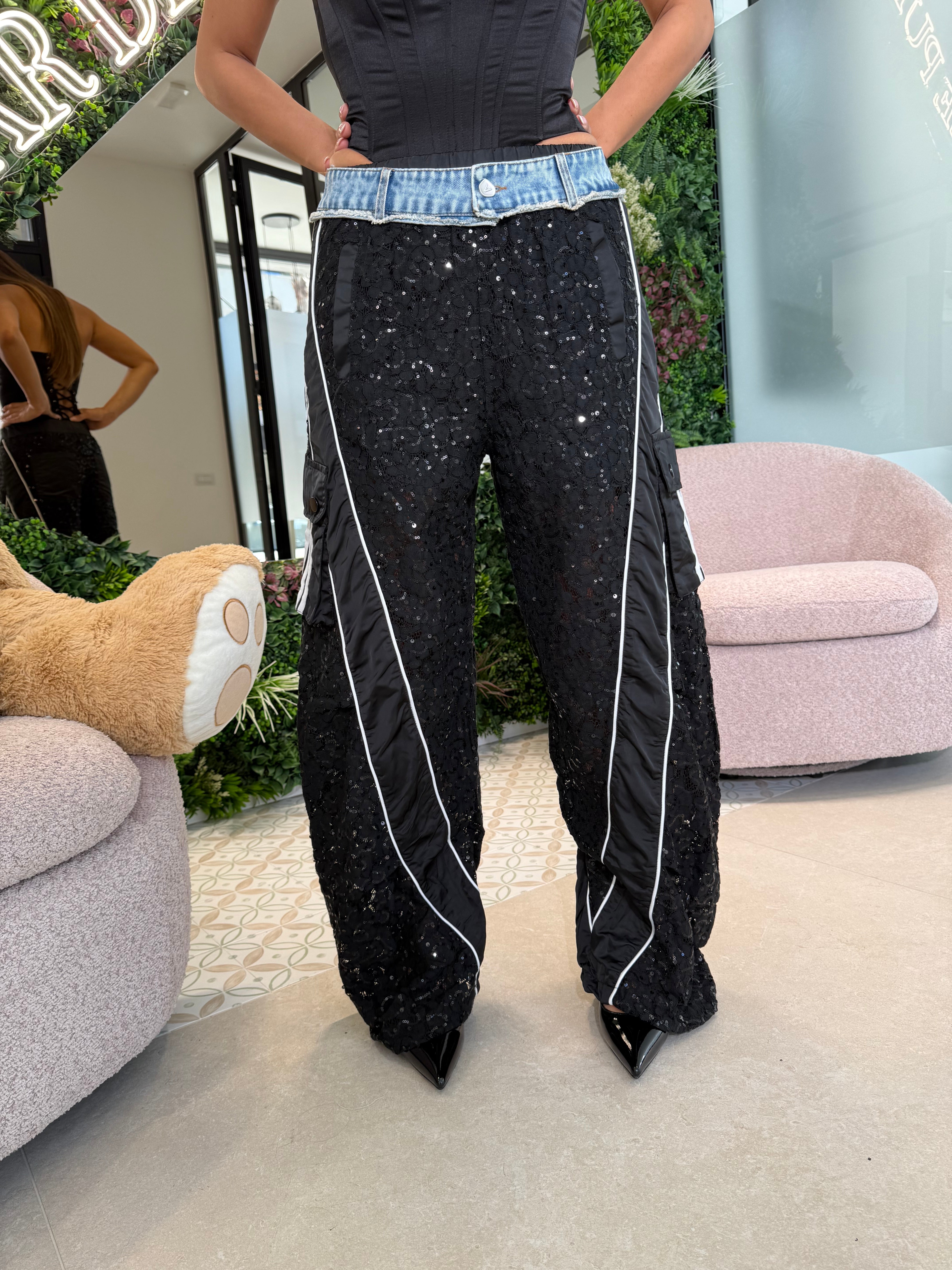 Pantalone merletto e denim