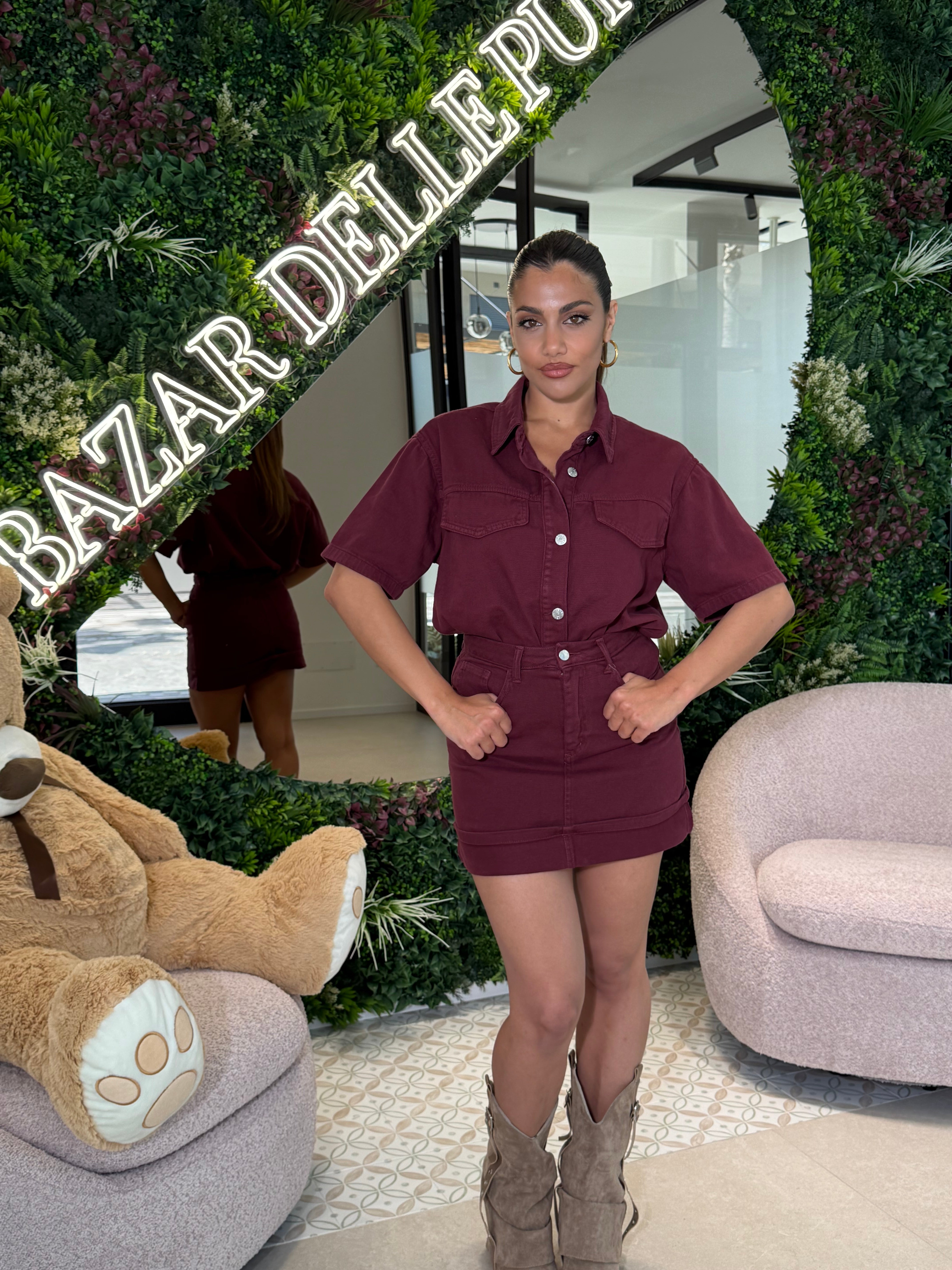Camicia denim mezza manica bordeaux
