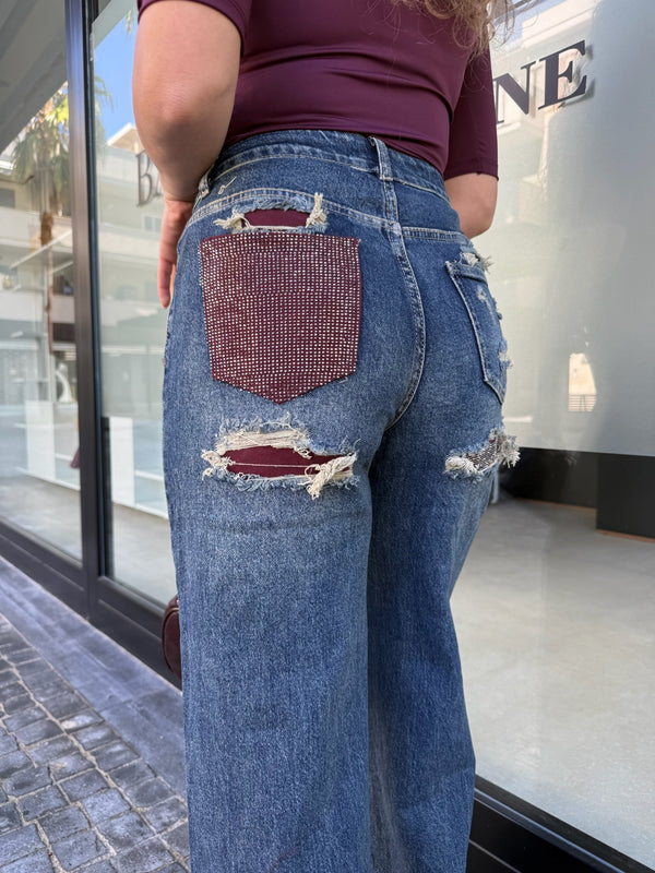 Jeans taglio dritto con tasca strass bordeaux