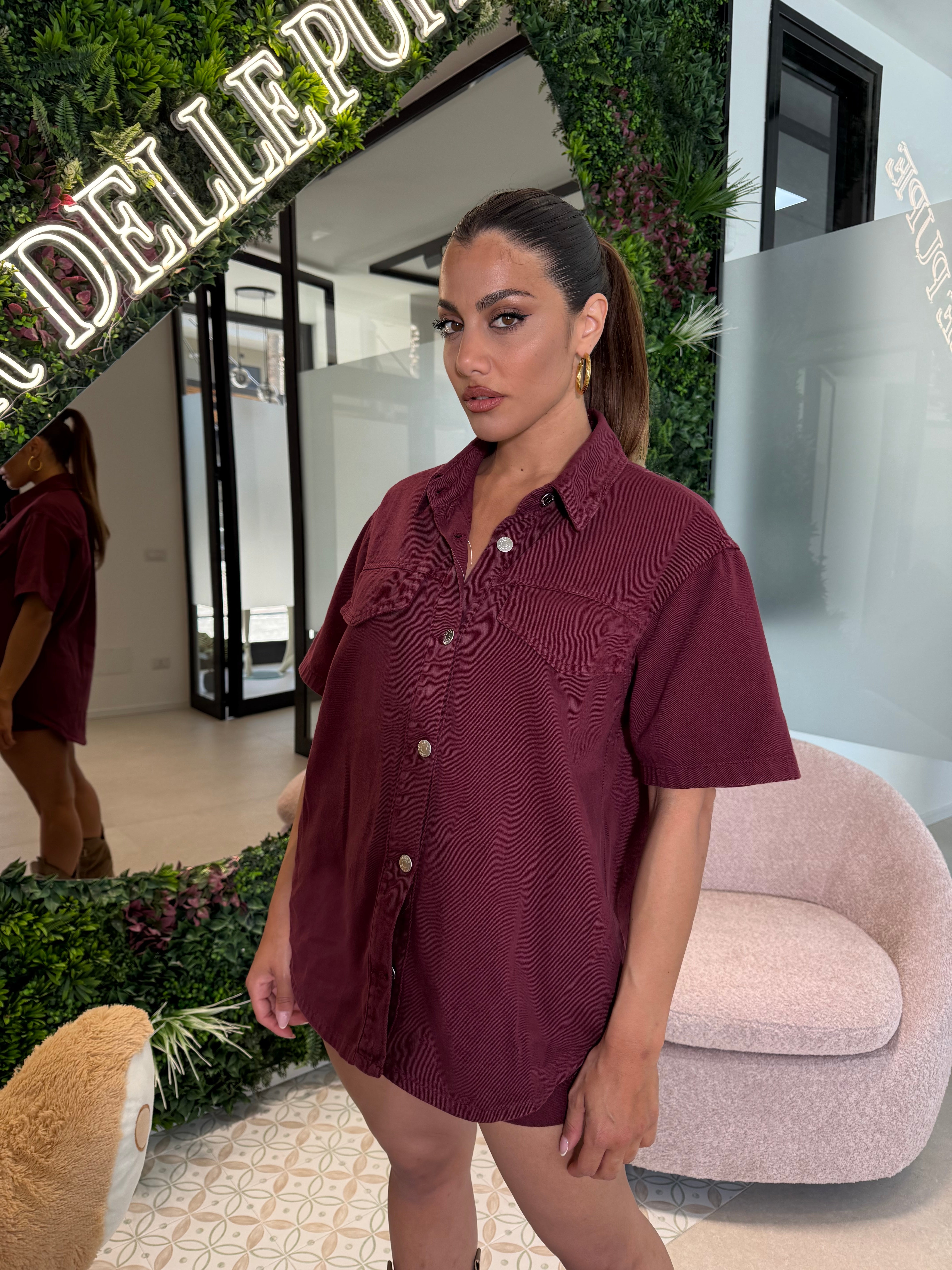 Camicia denim mezza manica bordeaux