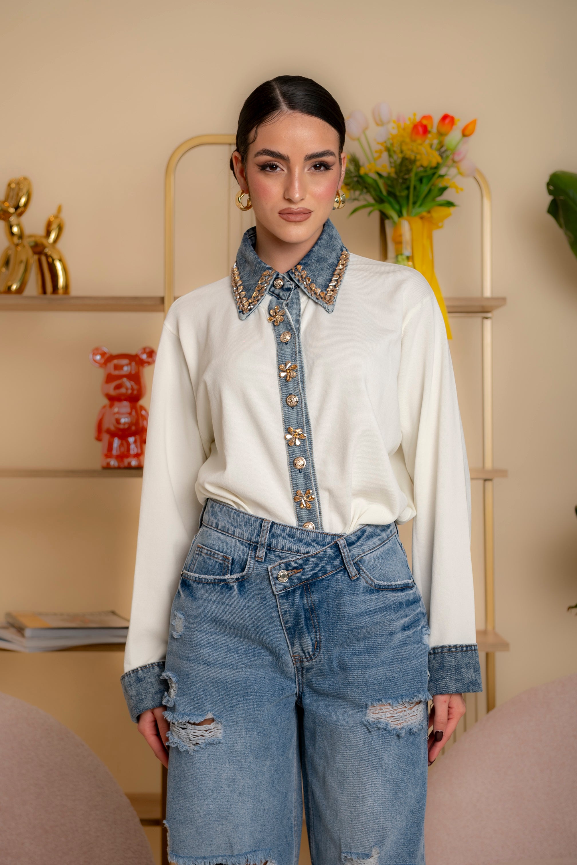 Cardigan con dettagli in denim