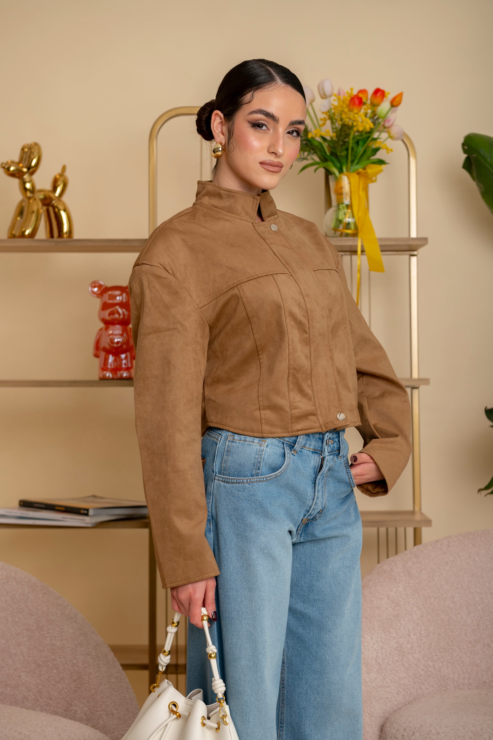 Giubbino crop in renna con spallina