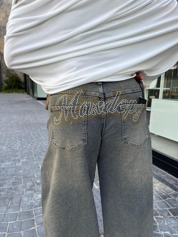 Jeans con scritta strass oro curvy